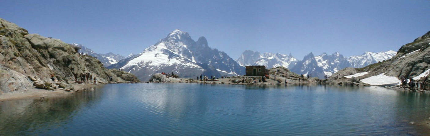 Panorama of Lac Blanc in the Aiguilles Rouges opposite Mont Blanc