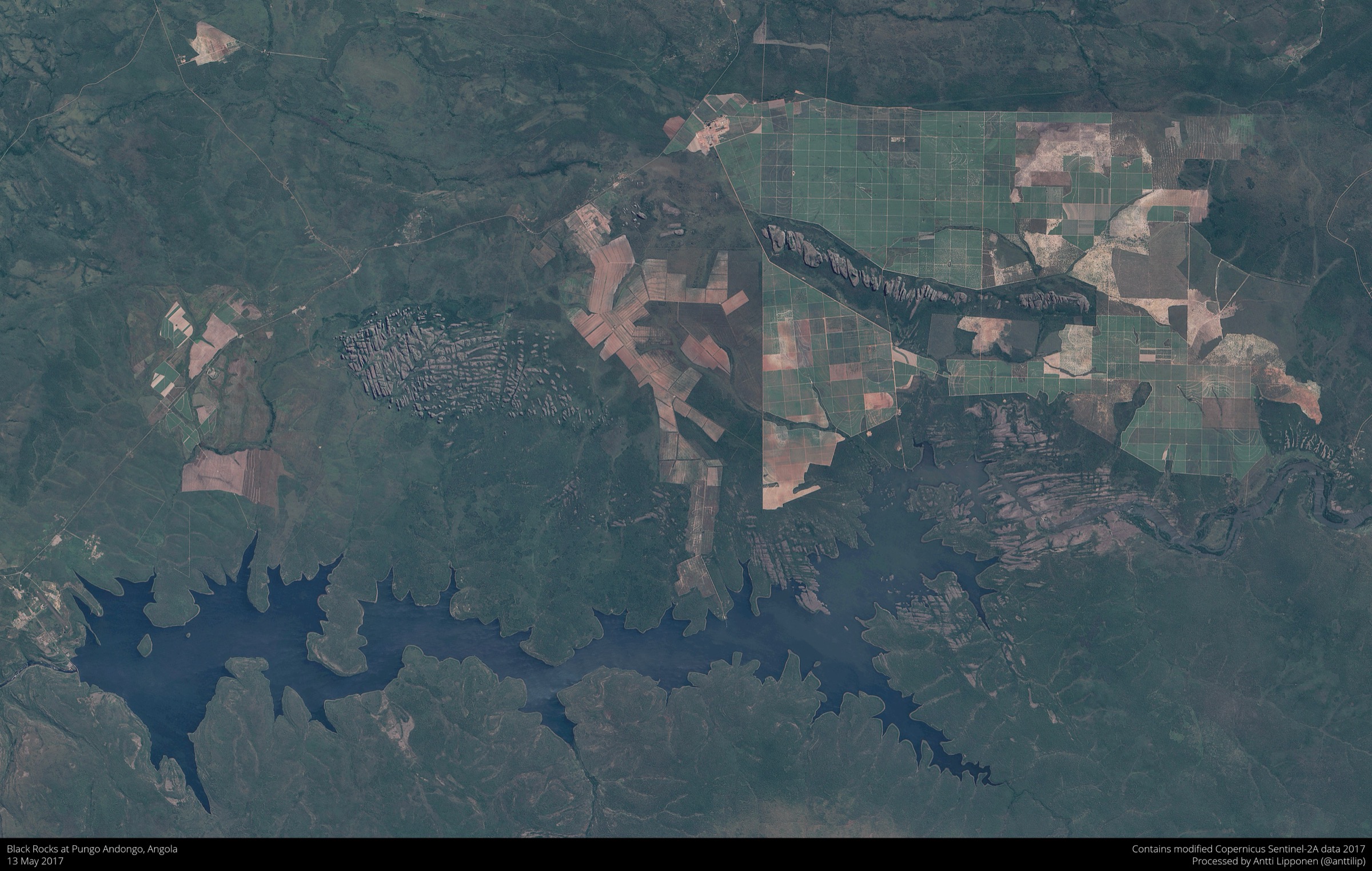 Vue satellite Sentinel-2 du cluster de conglomérats des Black Rocks de Pungo Andongo