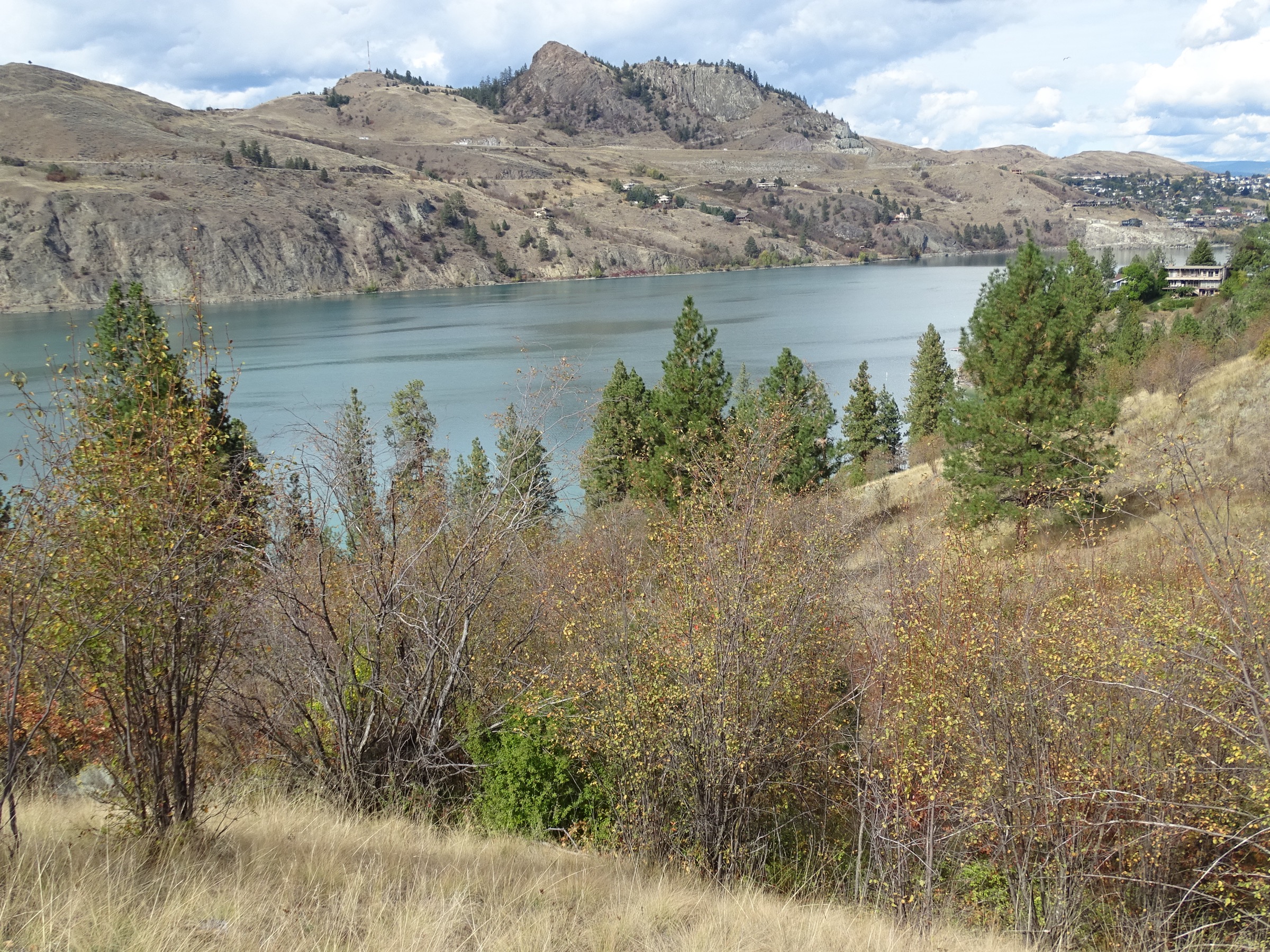 Banded turquoise and emerald water of Kalamalka Lake seen from near Rattlesnake Point