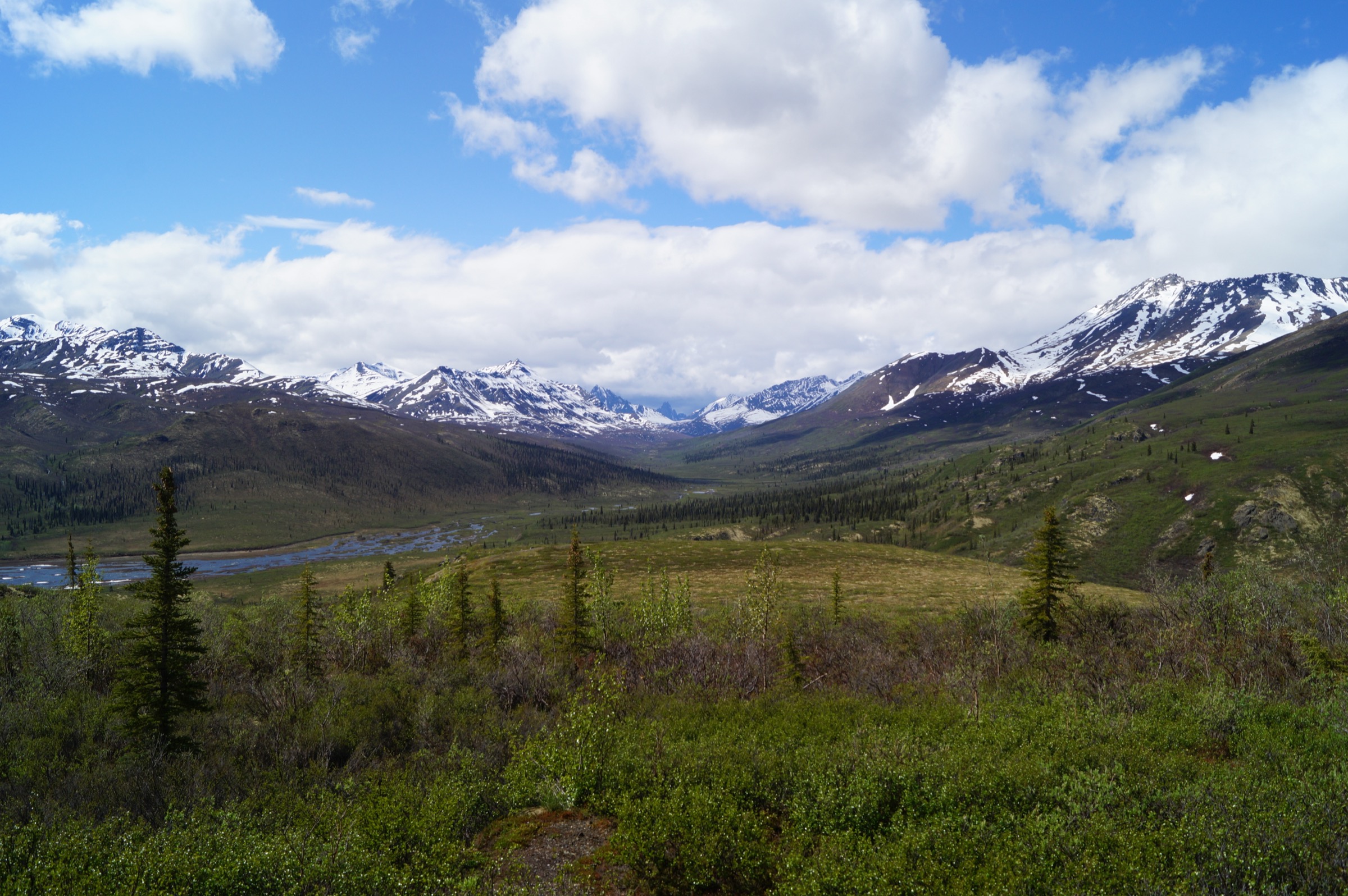 Tombstone Mountain rising at the head of the North Klondike River valley