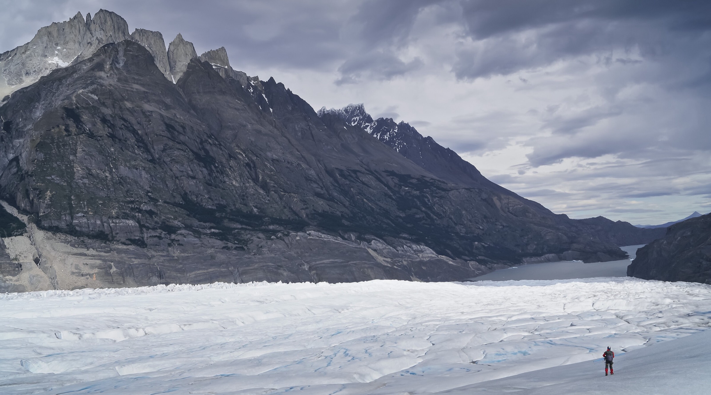 Vue large du glacier Grey rejoignant le Lago Grey, parc national Torres del Paine