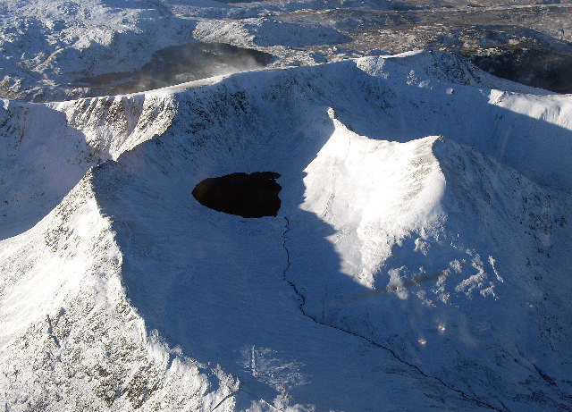 Helvellyn and approaches in winter, showing Striding Edge, Red Tarn and Swirral Edge