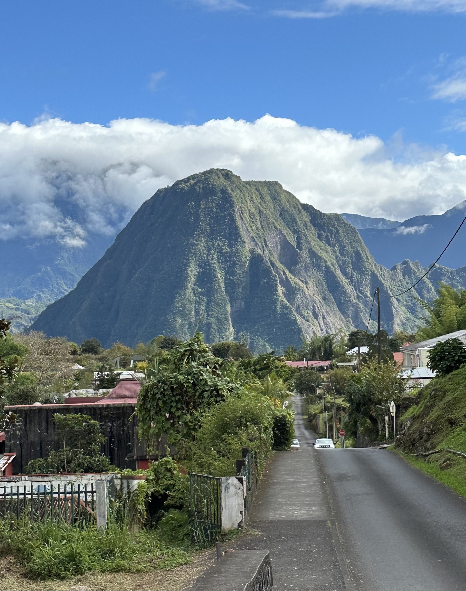 Piton d'Anchaing viewed from Hell-Bourg, rising as a flat-topped pyramid in the heart of the Cirque de Salazie
