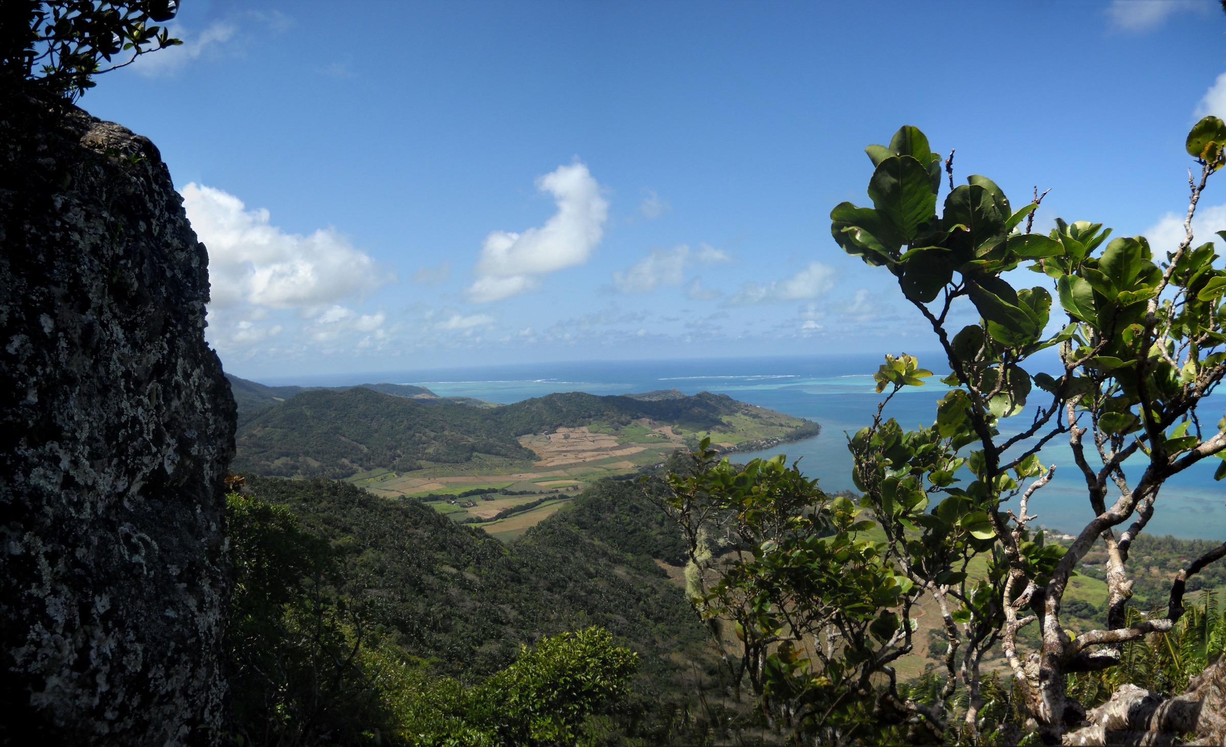 Bambous Mountains rising above Bambous Virieux on the southeast coast of Mauritius