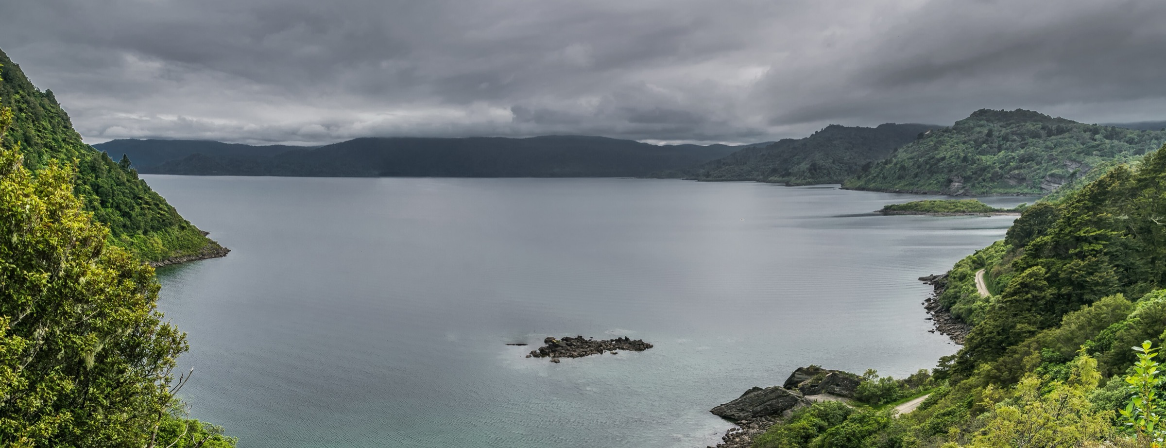 Panorama of Lake Waikaremoana with forested Huiarau ridges