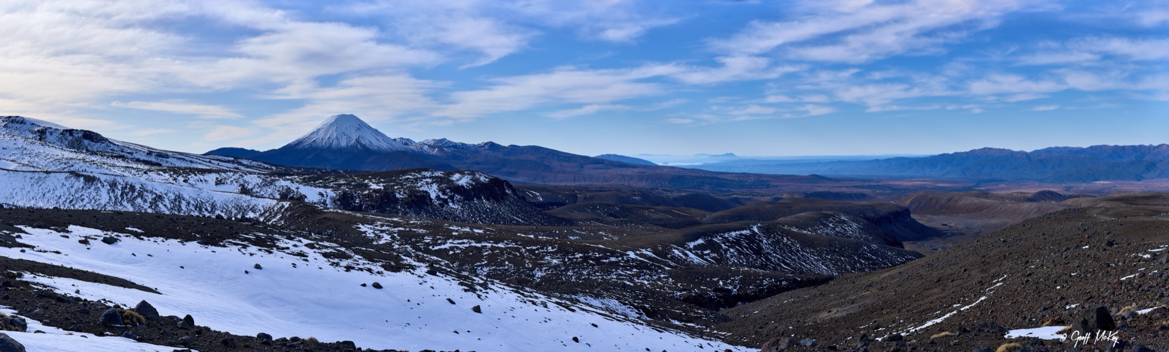Wide panorama from the volcanic plateau toward the Kaimanawa Range, representative of the skyline seen from the U2U traverse