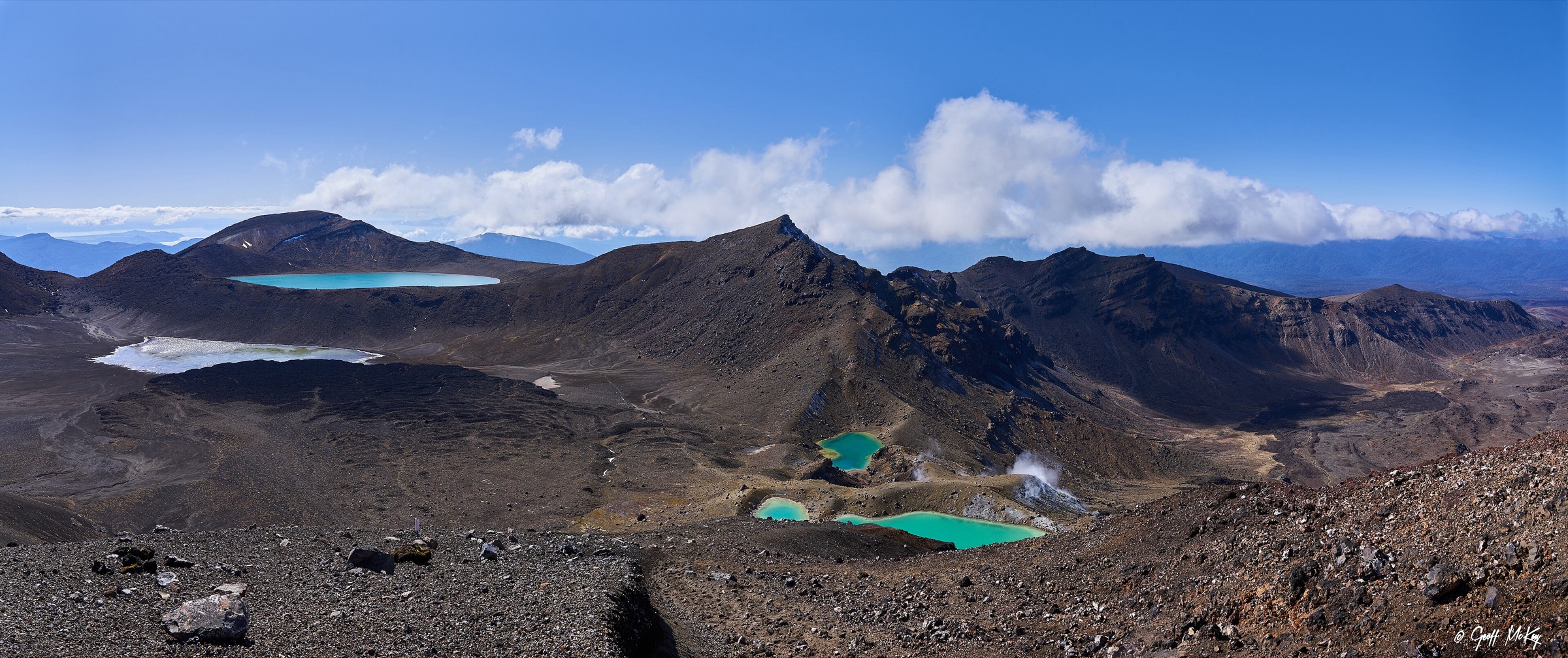 Emerald Lakes and Blue Lake from Red Crater on the Tongariro Alpine Crossing