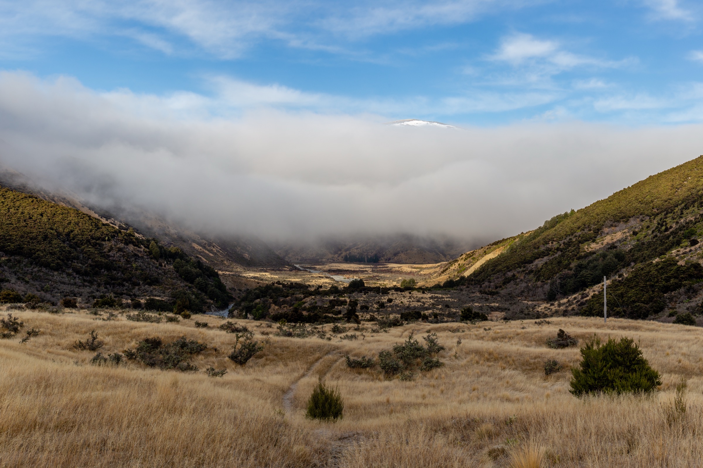 La vallée de la rivière Kowai sous le mont Torlesse, chaîne des Torlesse, Nouvelle-Zélande