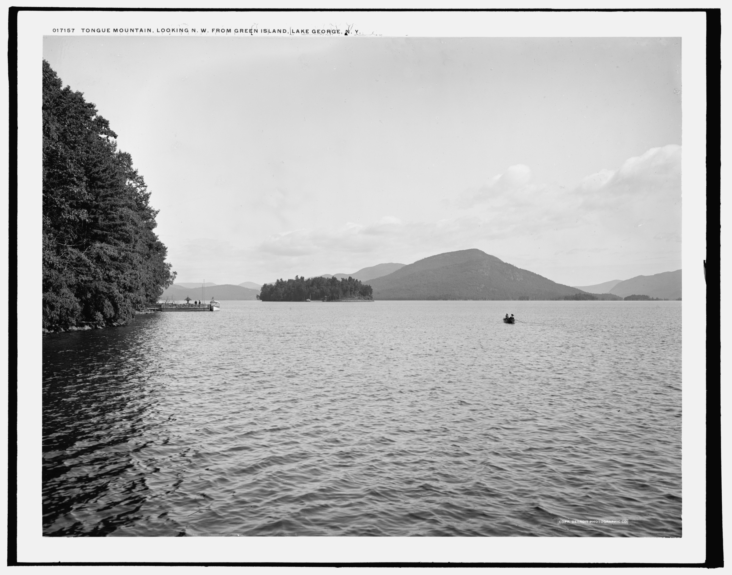 Historical view of Tongue Mountain from Green Island, Lake George, circa 1904
