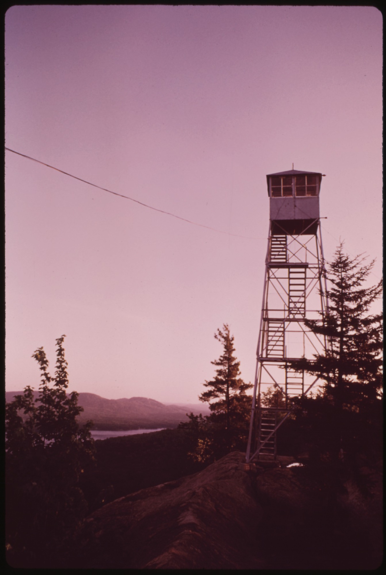 Fire observation tower at Bald Mountain overlooking the Fulton Chain of Lakes near Old Forge