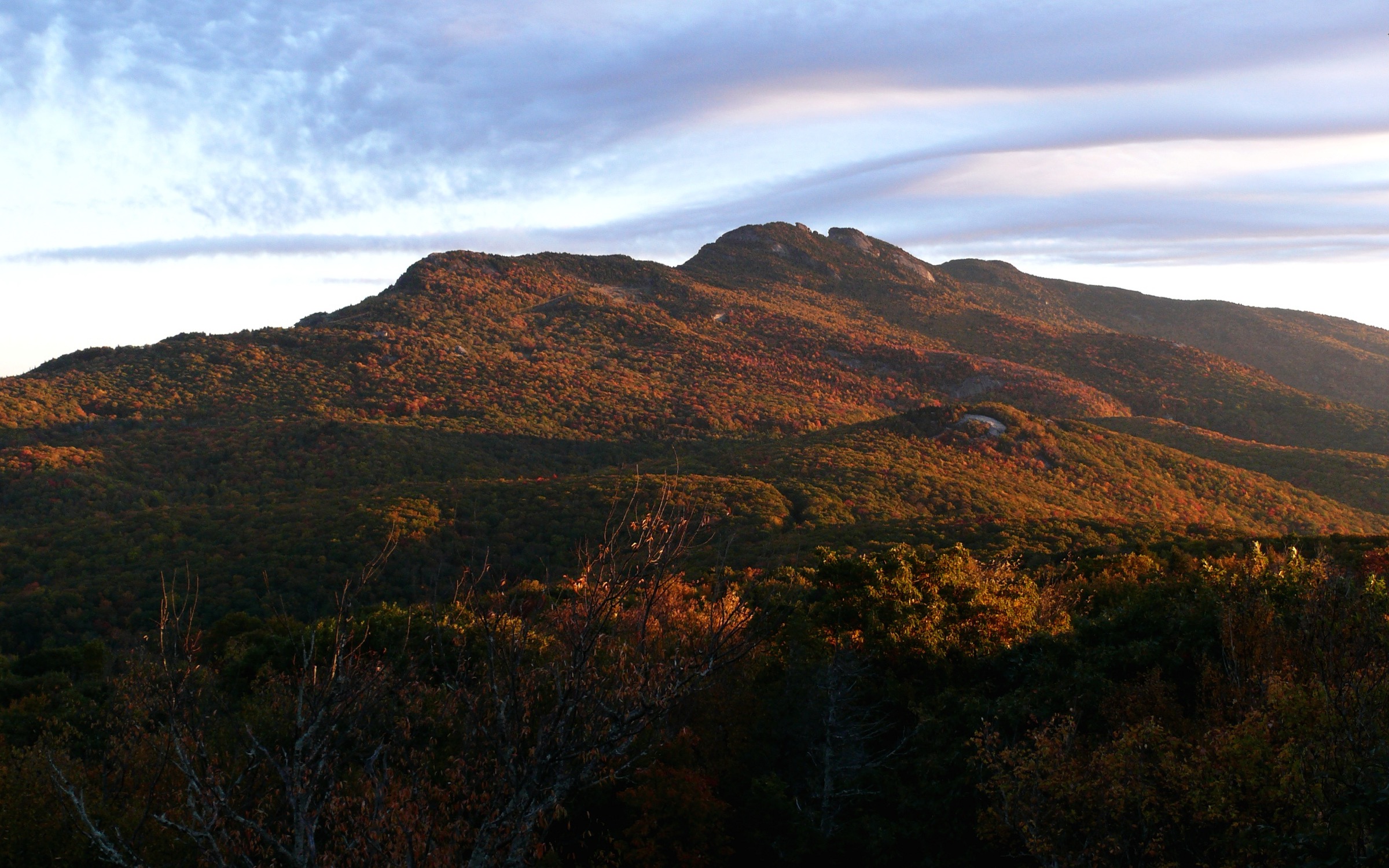 Grandfather Mountain seen from the Blue Ridge Parkway, its Linn Cove Viaduct flank rising into cloud