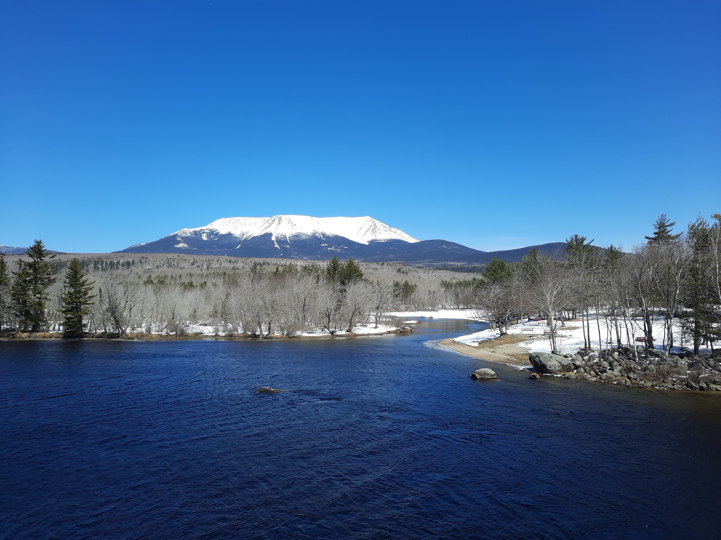 The west face of Katahdin from the Abol Bridge — the view The Owl looks directly across at