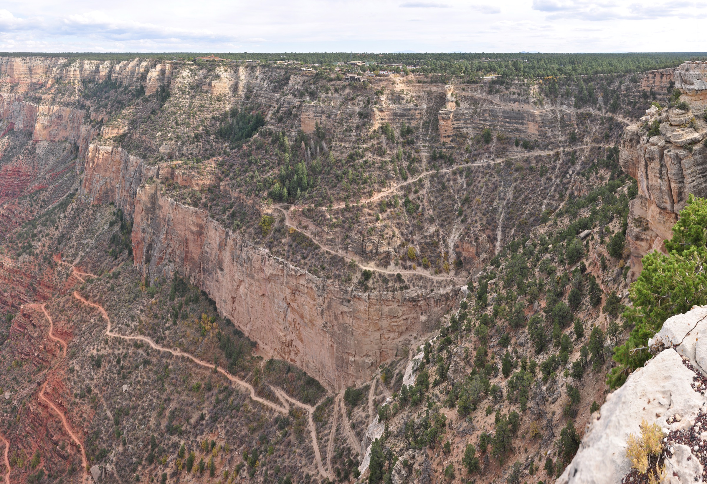Upper Bright Angel Trail switchbacks dropping through Kaibab Limestone and Coconino Sandstone below the South Rim, Grand Canyon National Park, Arizona