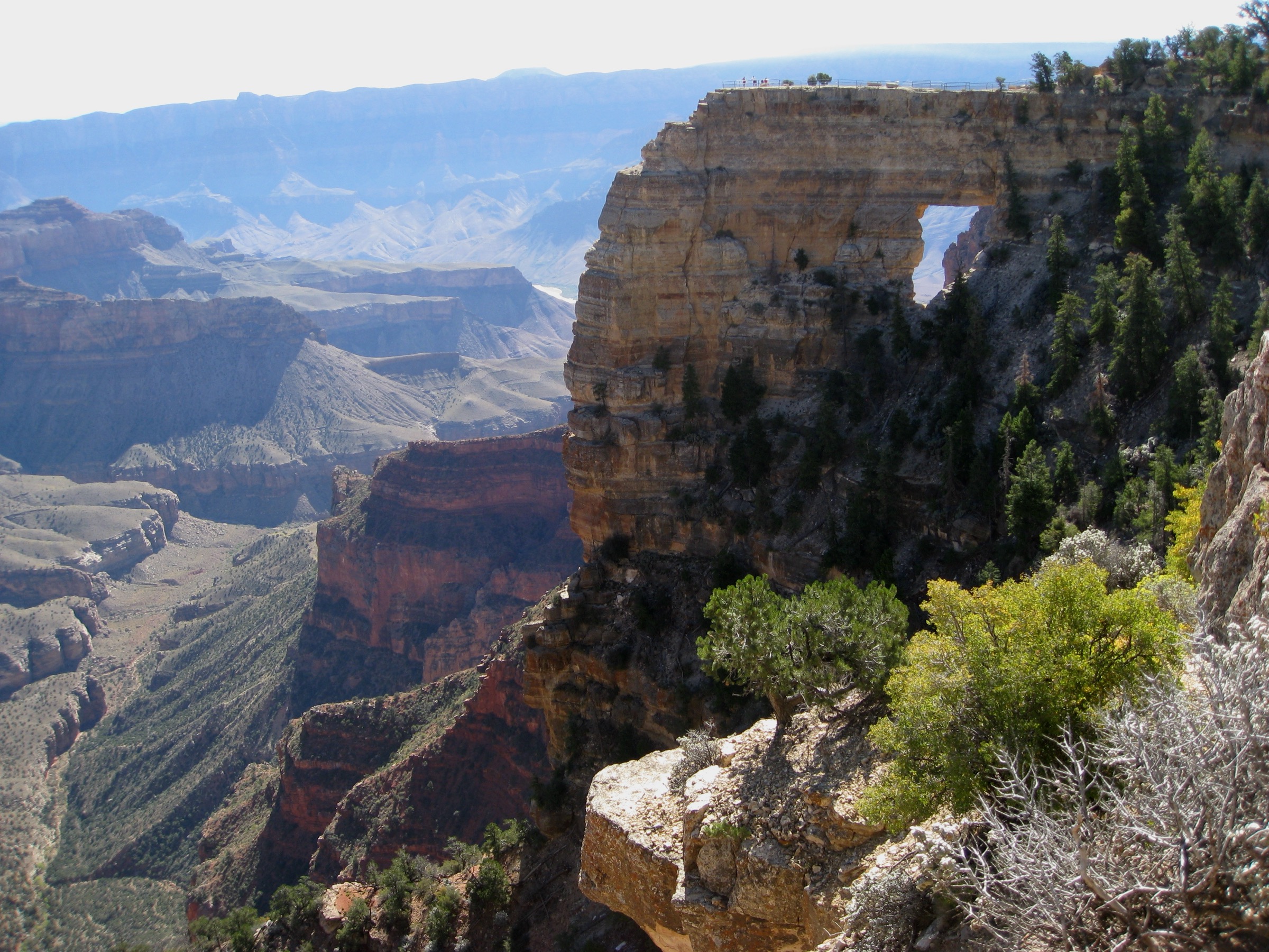 Angels Window natural arch at Cape Royal on the Grand Canyon North Rim, with the Colorado River visible through the opening, Arizona