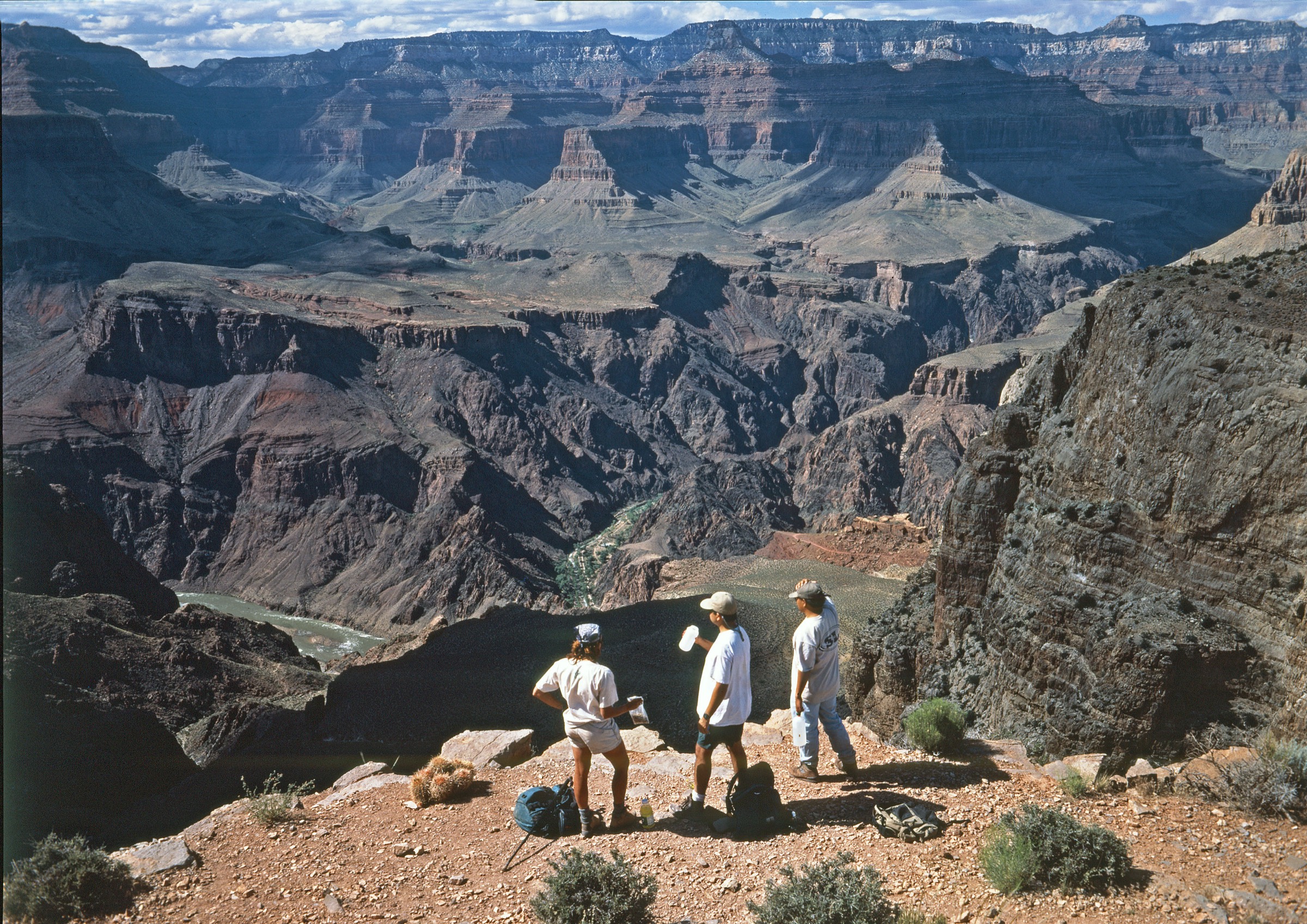 View from Skeleton Point on the South Kaibab Trail, first sight of the Colorado River between the red canyon walls, Grand Canyon National Park, Arizona