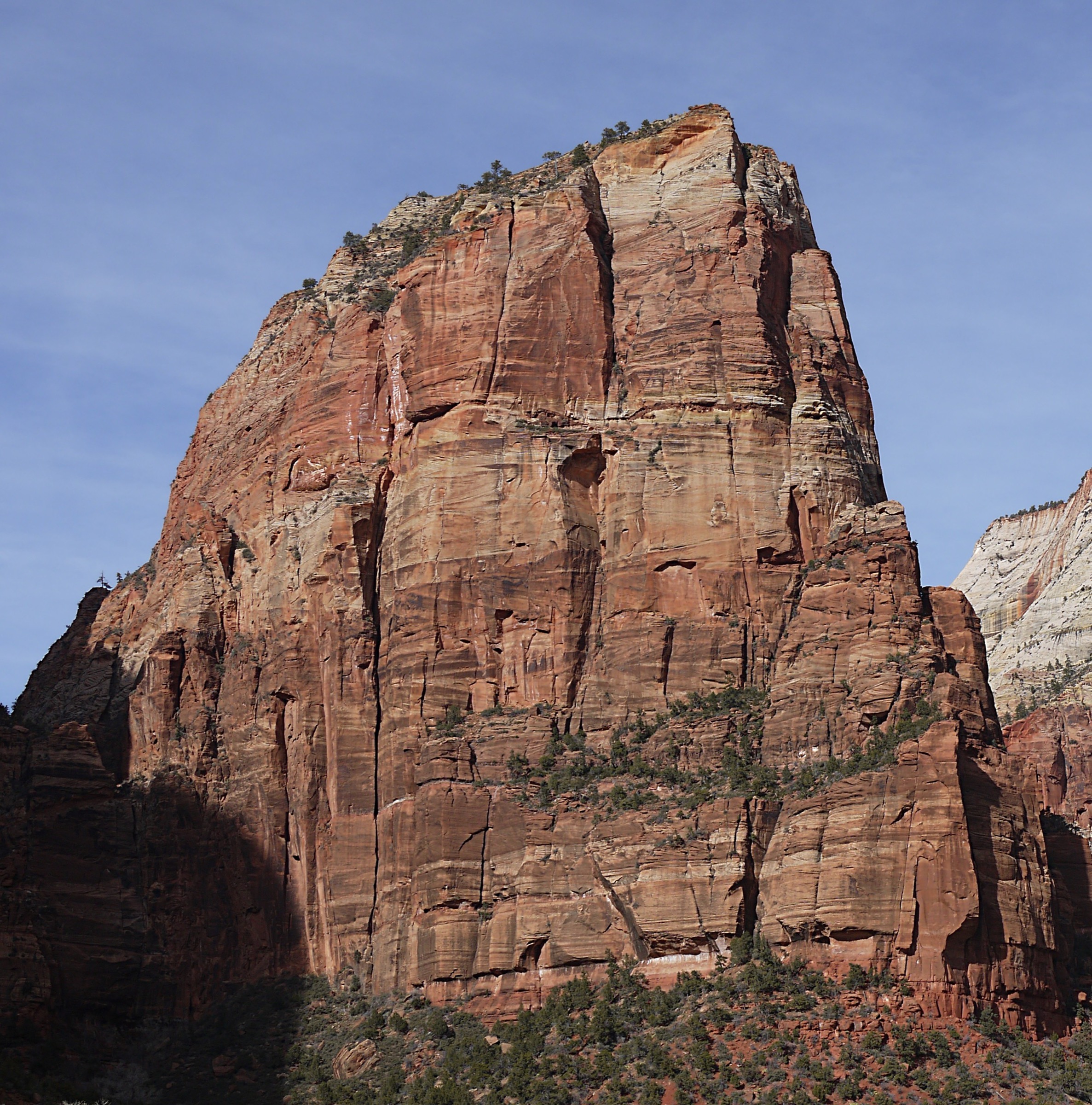 Angels Landing sandstone fin rising above Zion Canyon, Zion National Park, Utah