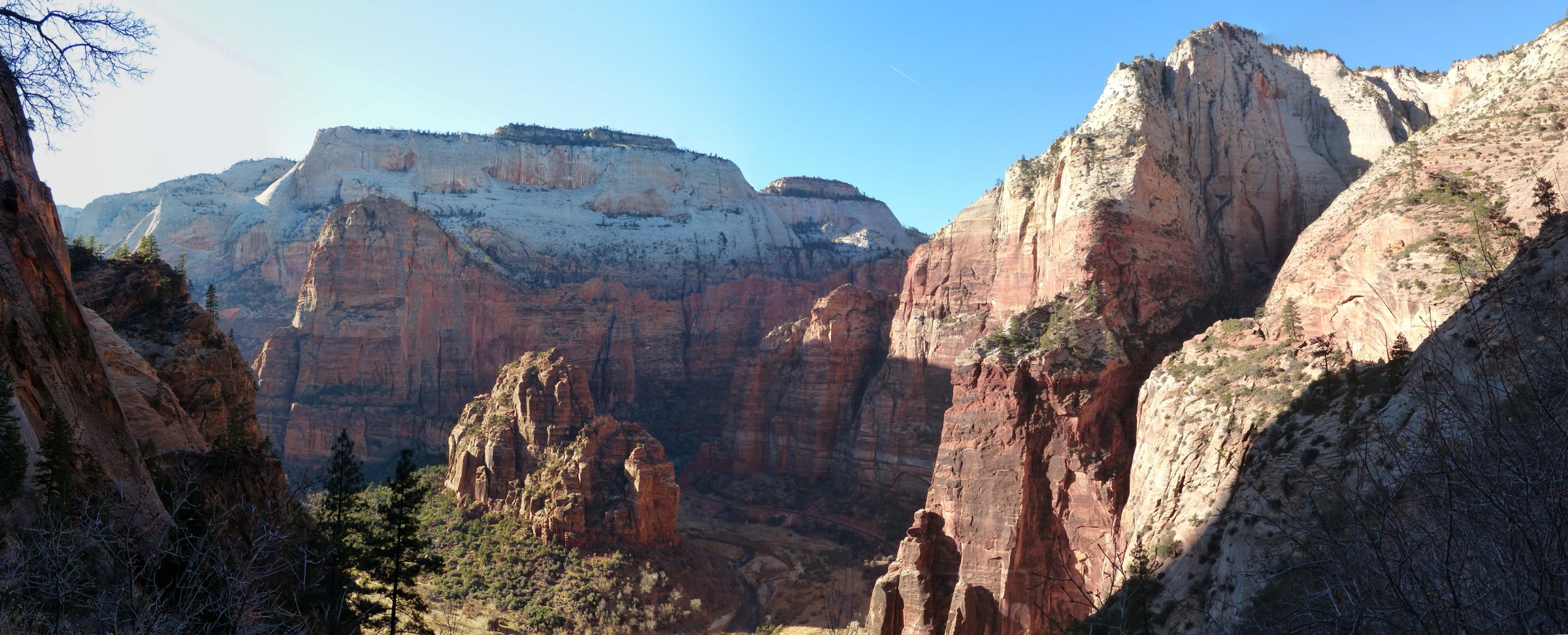 Wide view down Zion Canyon from Observation Point with Angels Landing directly below, Zion National Park, Utah