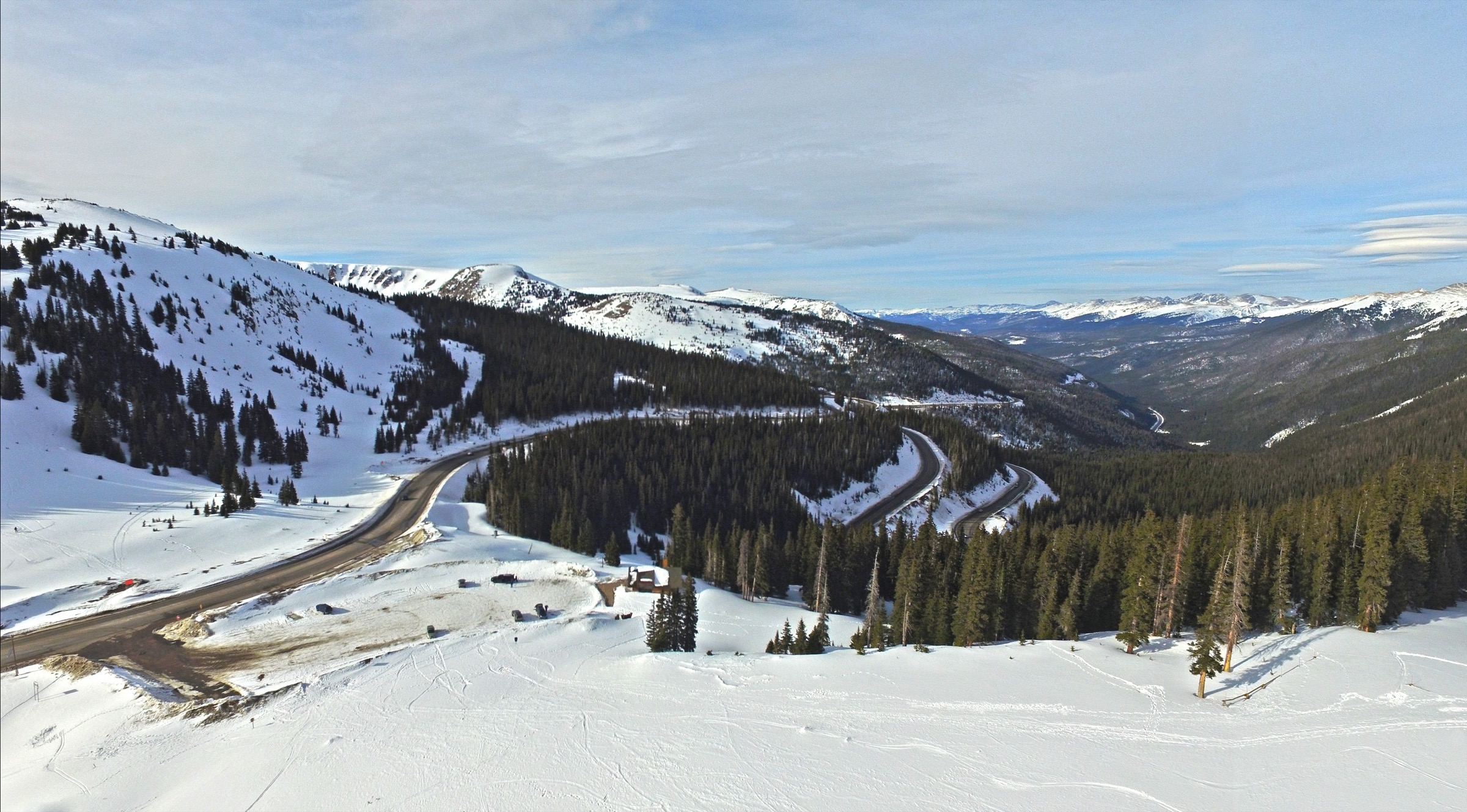 The Berthoud Pass parking area and US 40 highway crossing the Continental Divide, the trailhead for the Mount Flora ridge