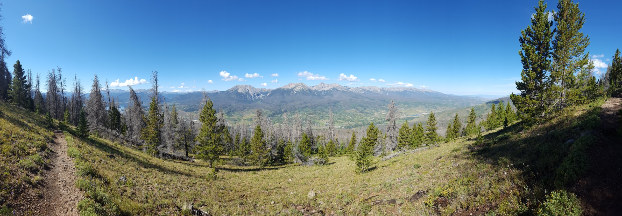 A wide view of the Gore Range crest from the west, showing the granite letter-peaks that dominate the Piney River drainage