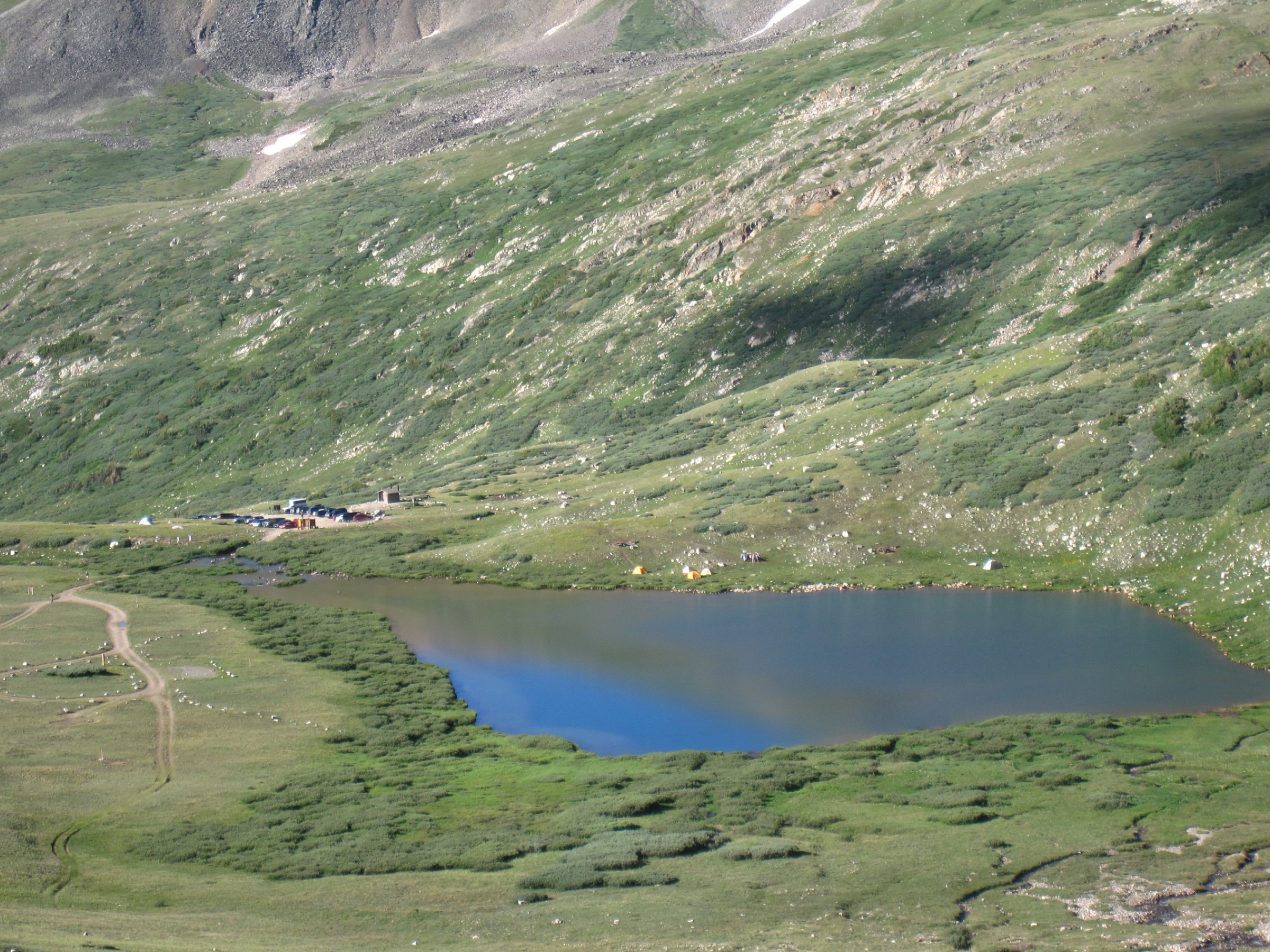 Kite Lake seen from the Mt. Democrat trail, with the DeCaLiBron cirque rising behind