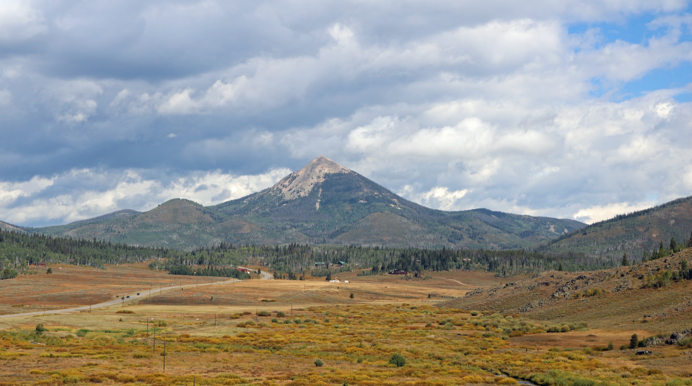 The conical summit of Hahns Peak seen from Routt County Road 129