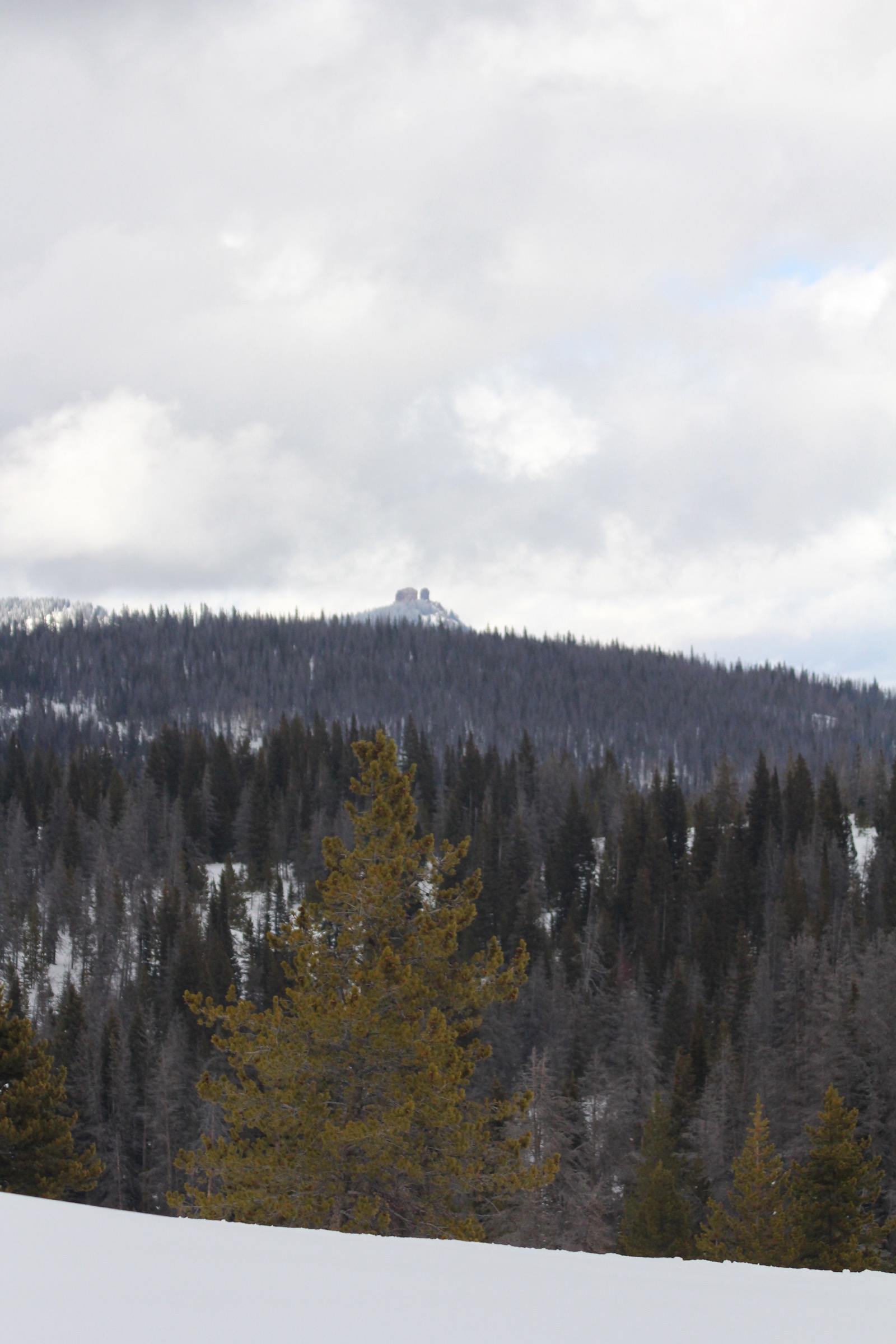 The twin volcanic plugs of Rabbit Ears Peak seen from Rabbit Ears Pass on US 40