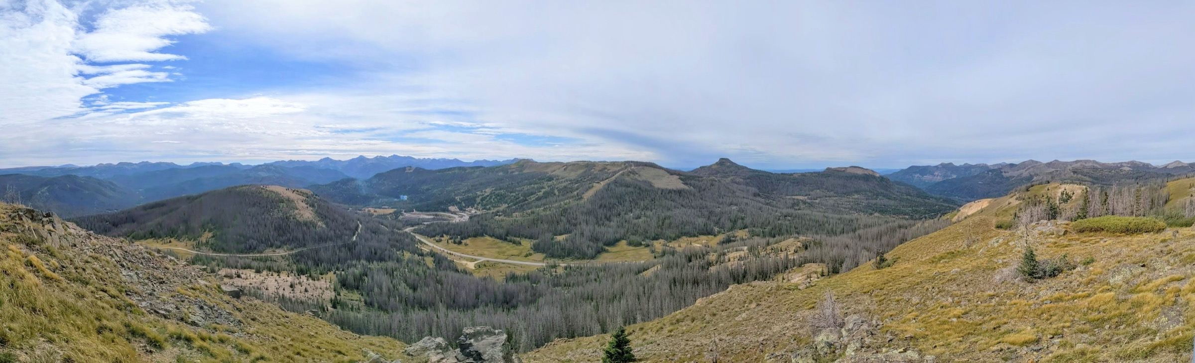 Panorama from Lobo Overlook on the Continental Divide north of Wolf Creek Pass, above the CDT approach to Alberta Peak