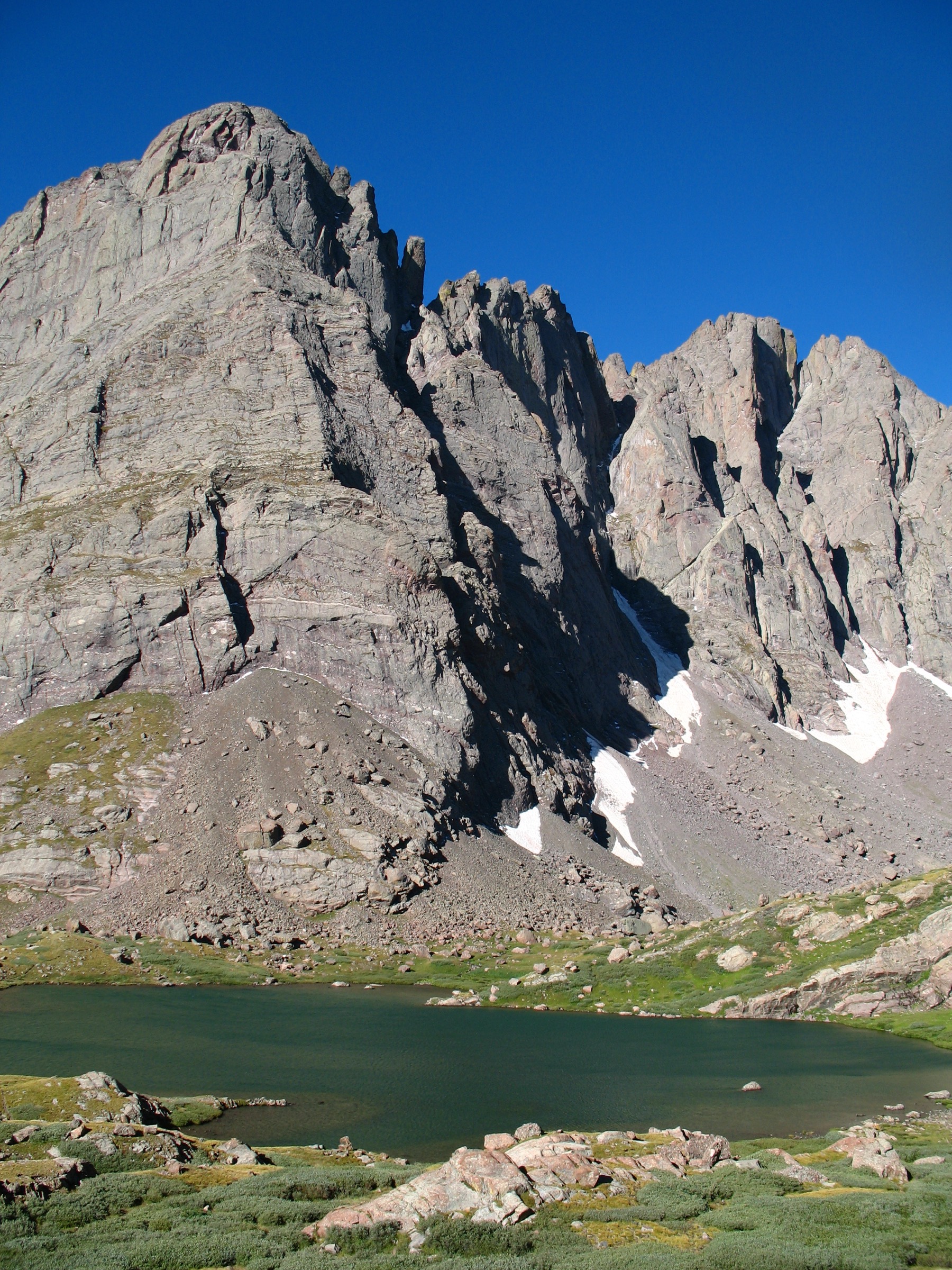 Crestone Needle rising above Lower South Colony Lake in the Sangre de Cristo Wilderness