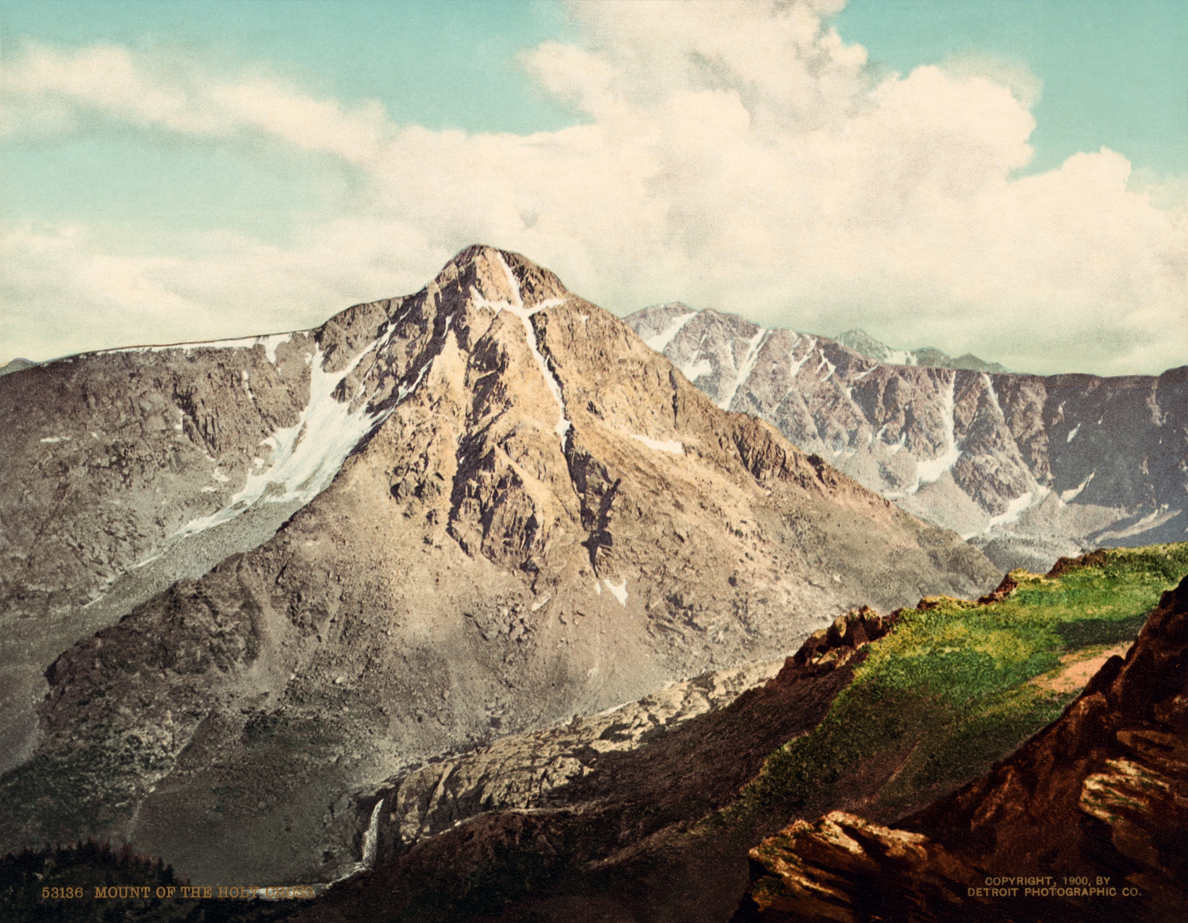 Mount of the Holy Cross, Colorado, 1900 — Detroit Photographic Co. photochrom showing the famous cross-shaped snow couloir