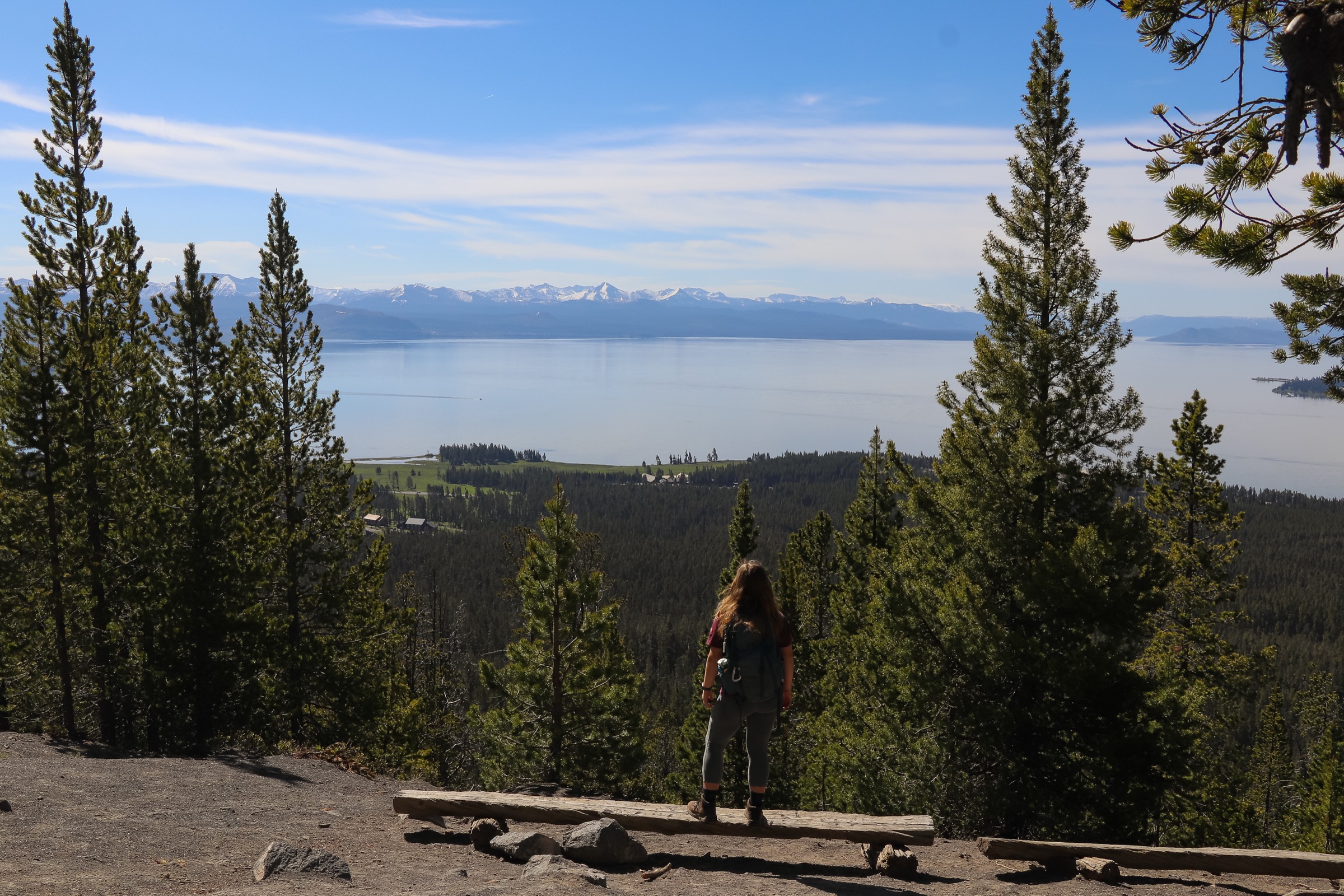 Une randonneuse au point de vue d'Elephant Back Mountain au-dessus du Yellowstone Lake, avec la chaîne des Absarokas à l'horizon est