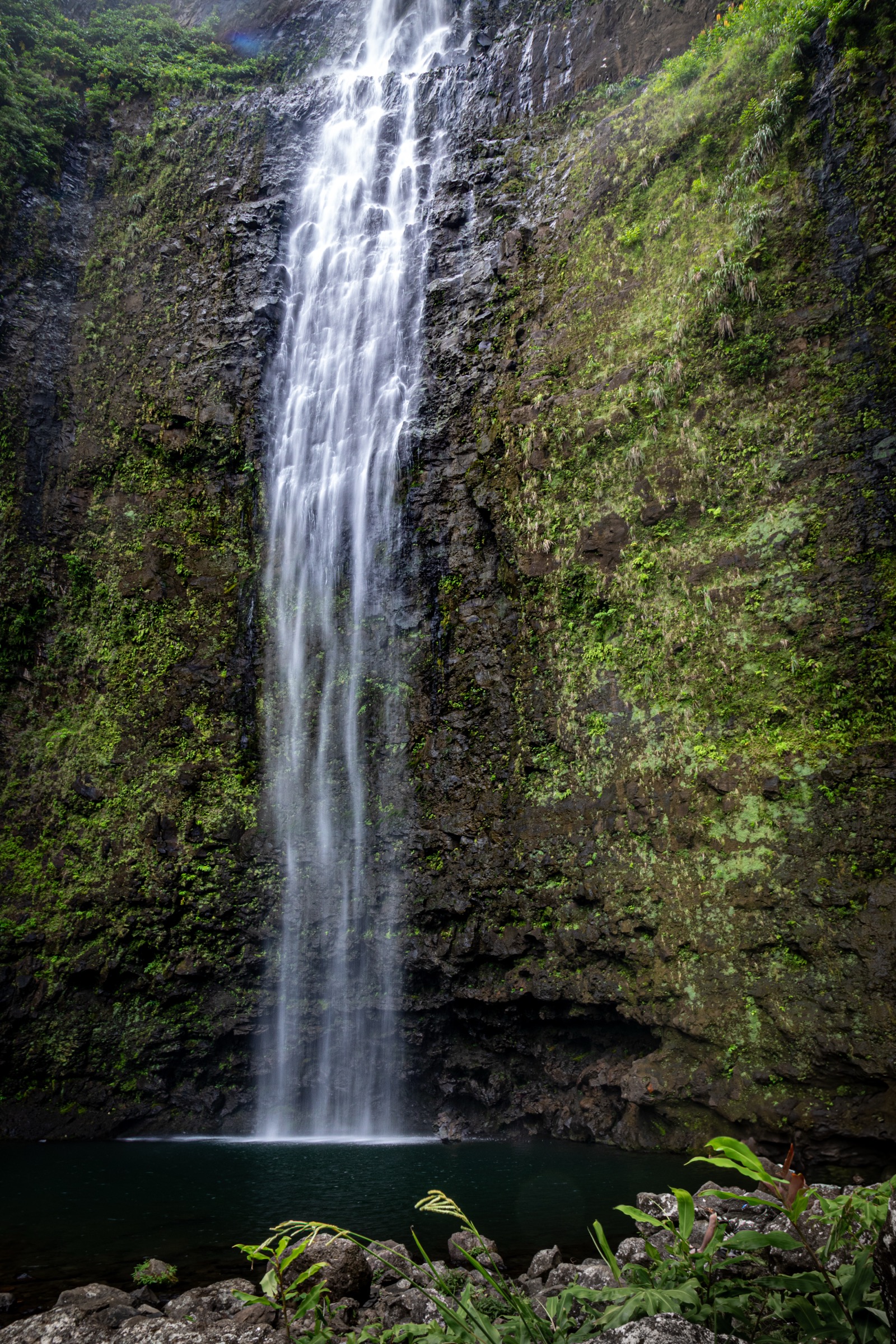Hanakāpīʻai Falls at the head of the inland valley, four miles from the Kalalau trailhead