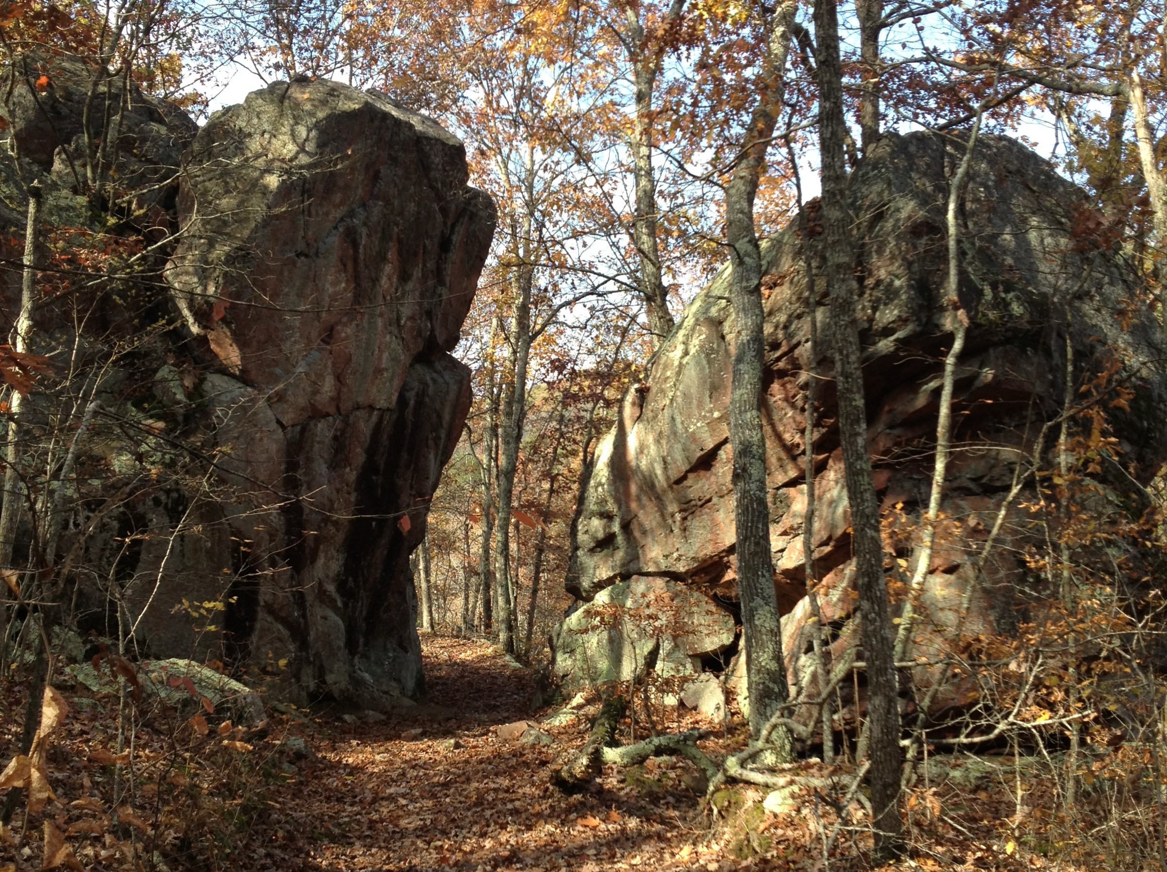 Devil's Toll Gate, an eight-foot cleft through a wall of Precambrian rhyolite on the Ozark Trail's Taum Sauk Section
