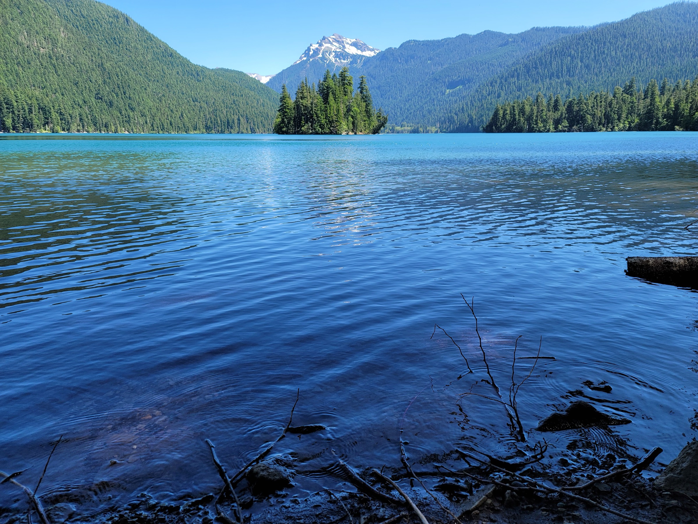 Packwood Lake vu depuis sa rive nord-est, avec l'île boisée d'Agnes au large et Johnson Peak derrière
