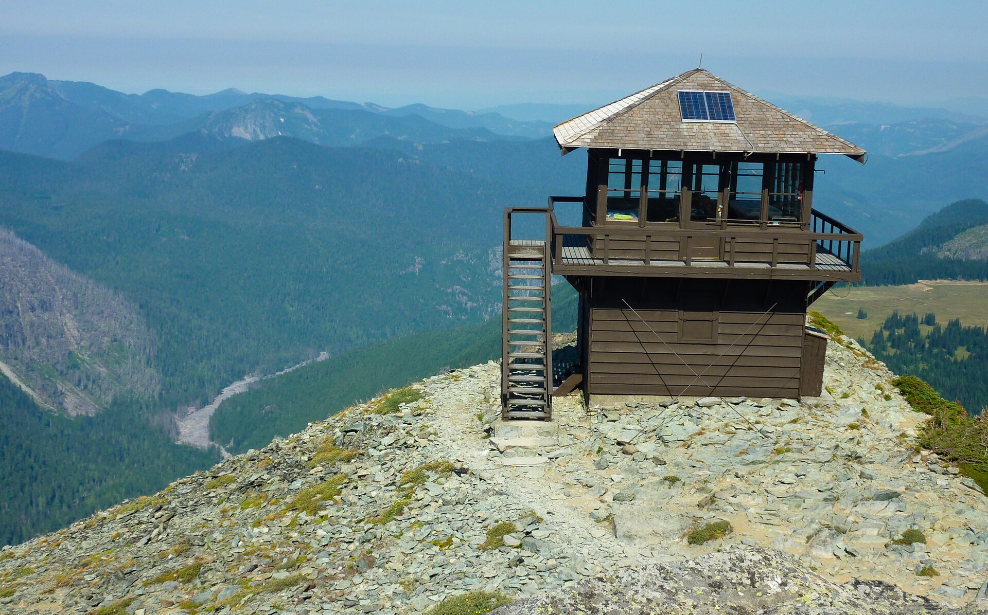 The Mount Fremont fire lookout on its rocky ridge