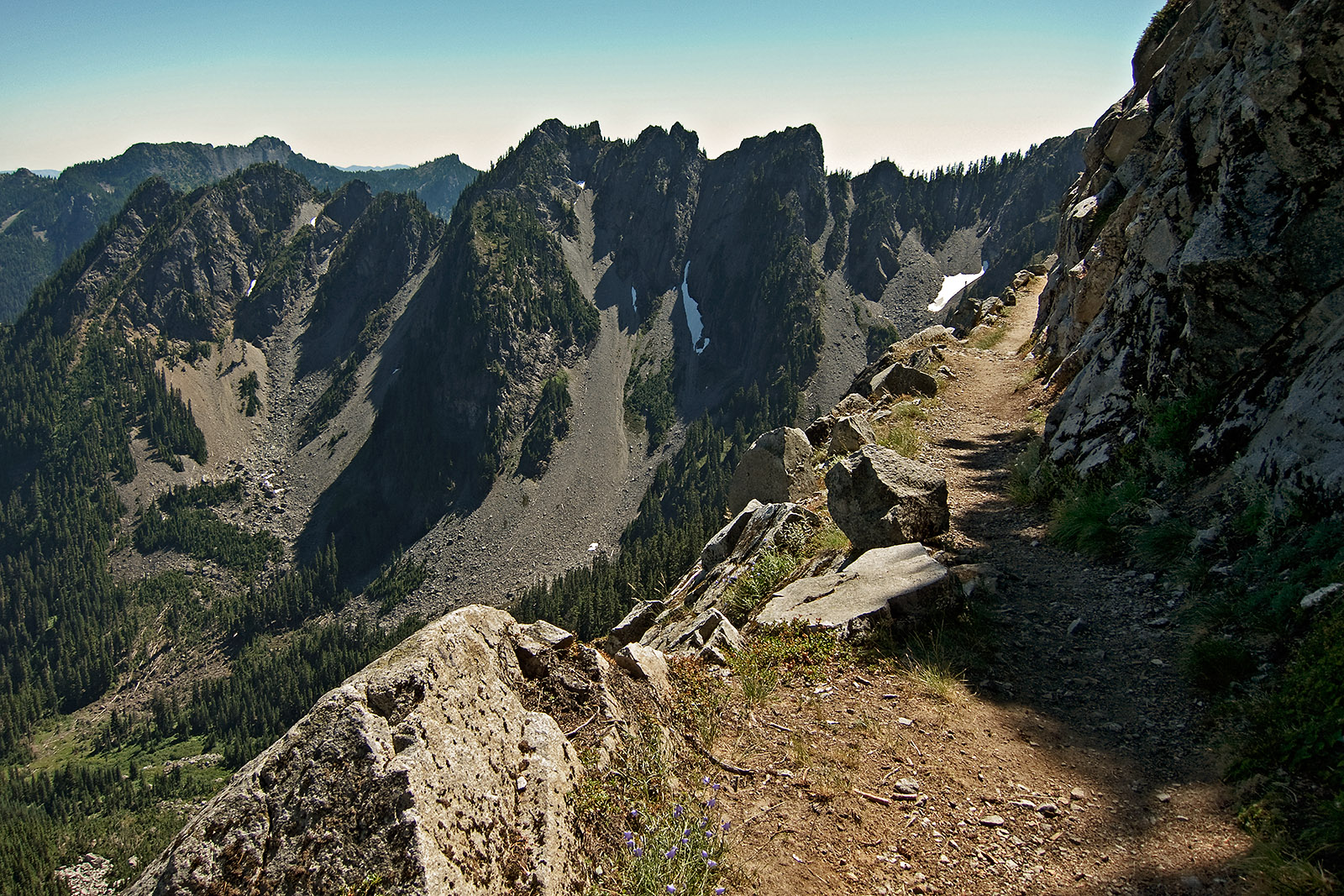 The Kendall Katwalk, a ledge blasted from a granite cliff on the Pacific Crest Trail near Snoqualmie Pass
