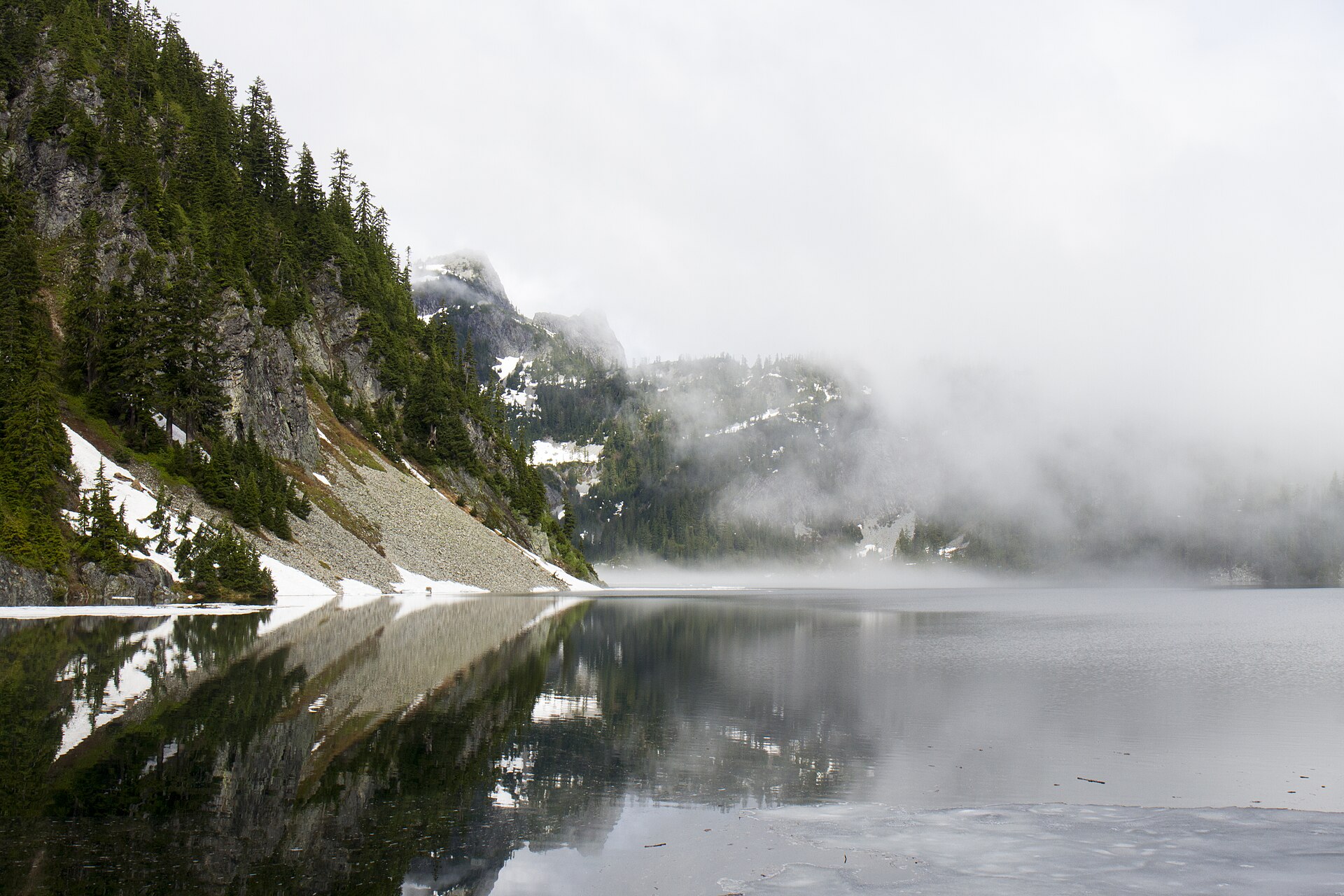Fog lifting off Snow Lake in the Alpine Lakes Wilderness, Mt Baker-Snoqualmie National Forest