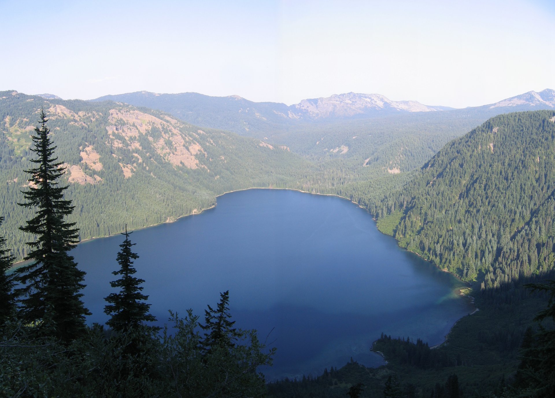 Walupt Lake seen from high on the south-west valley wall, with forested Nannie Ridge rising to the left