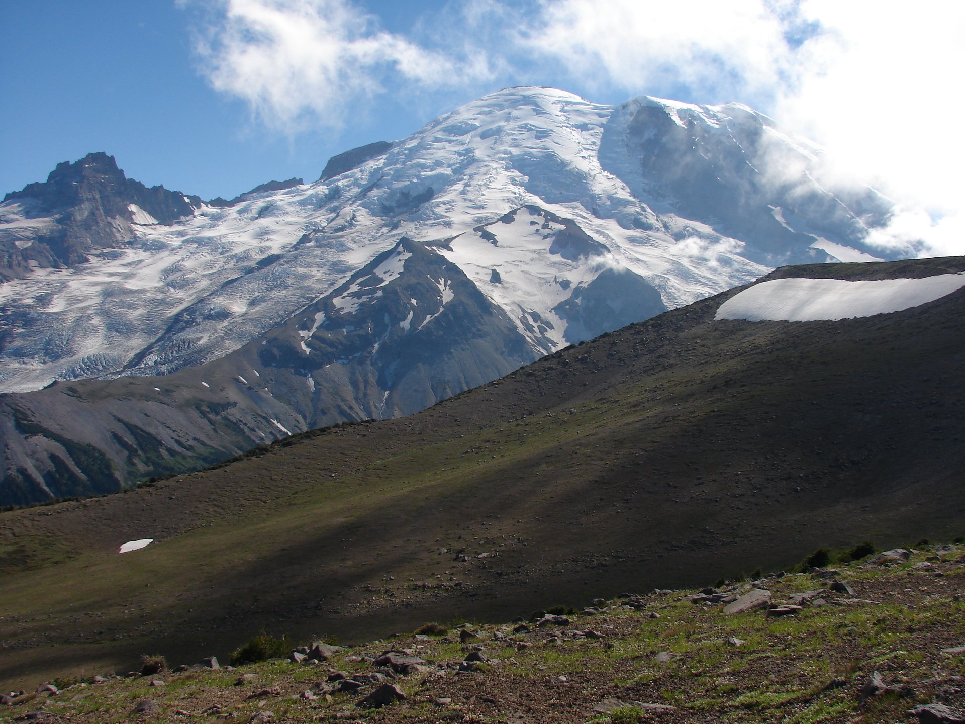 La toundra alpine nue de First Burroughs Mountain avec, au-delà, les glaciers Emmons et Winthrop