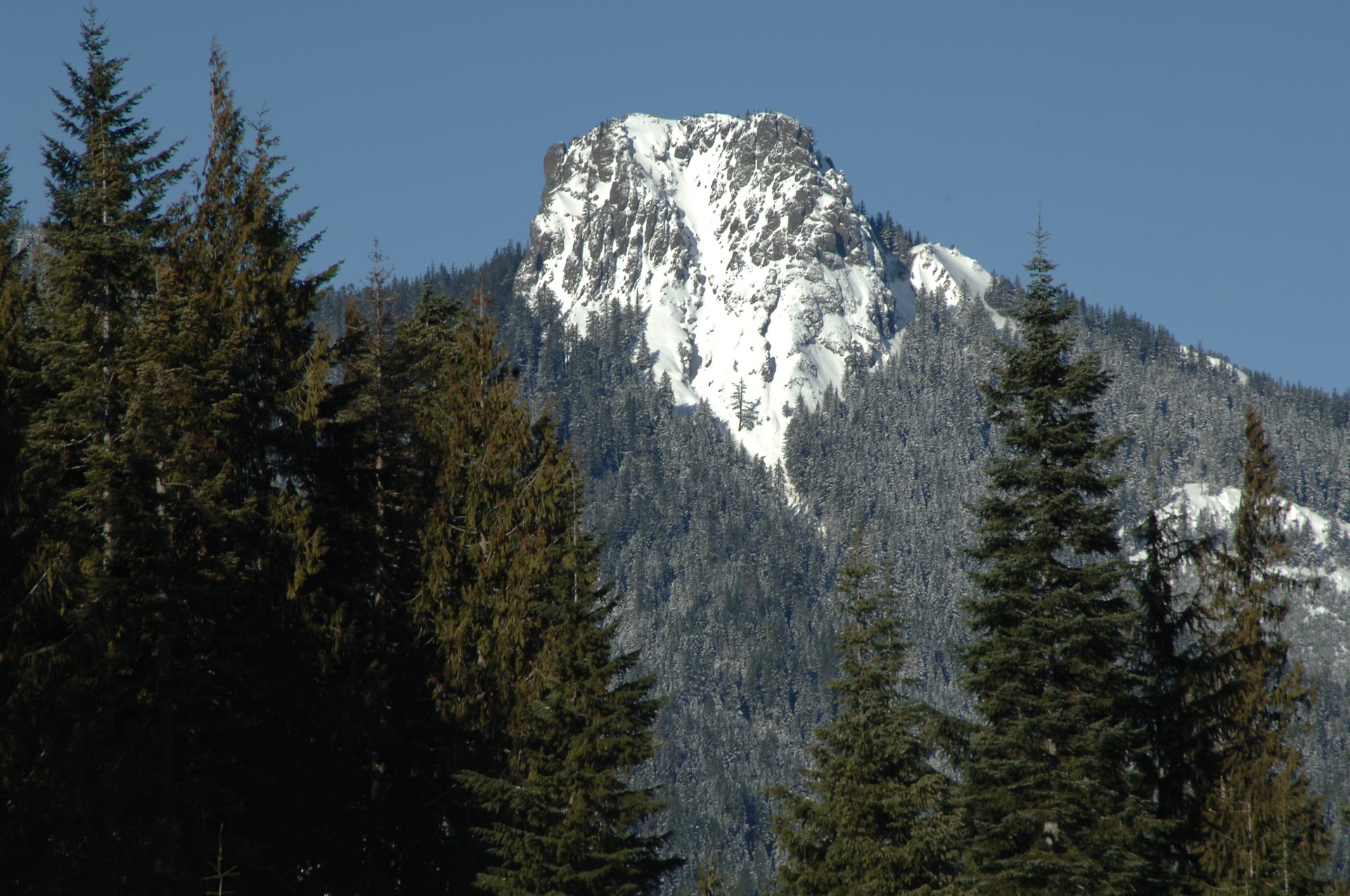 Le ressaut rocheux sommital de Sleeping Beauty Peak au-dessus des crêtes boisées, sous la neige
