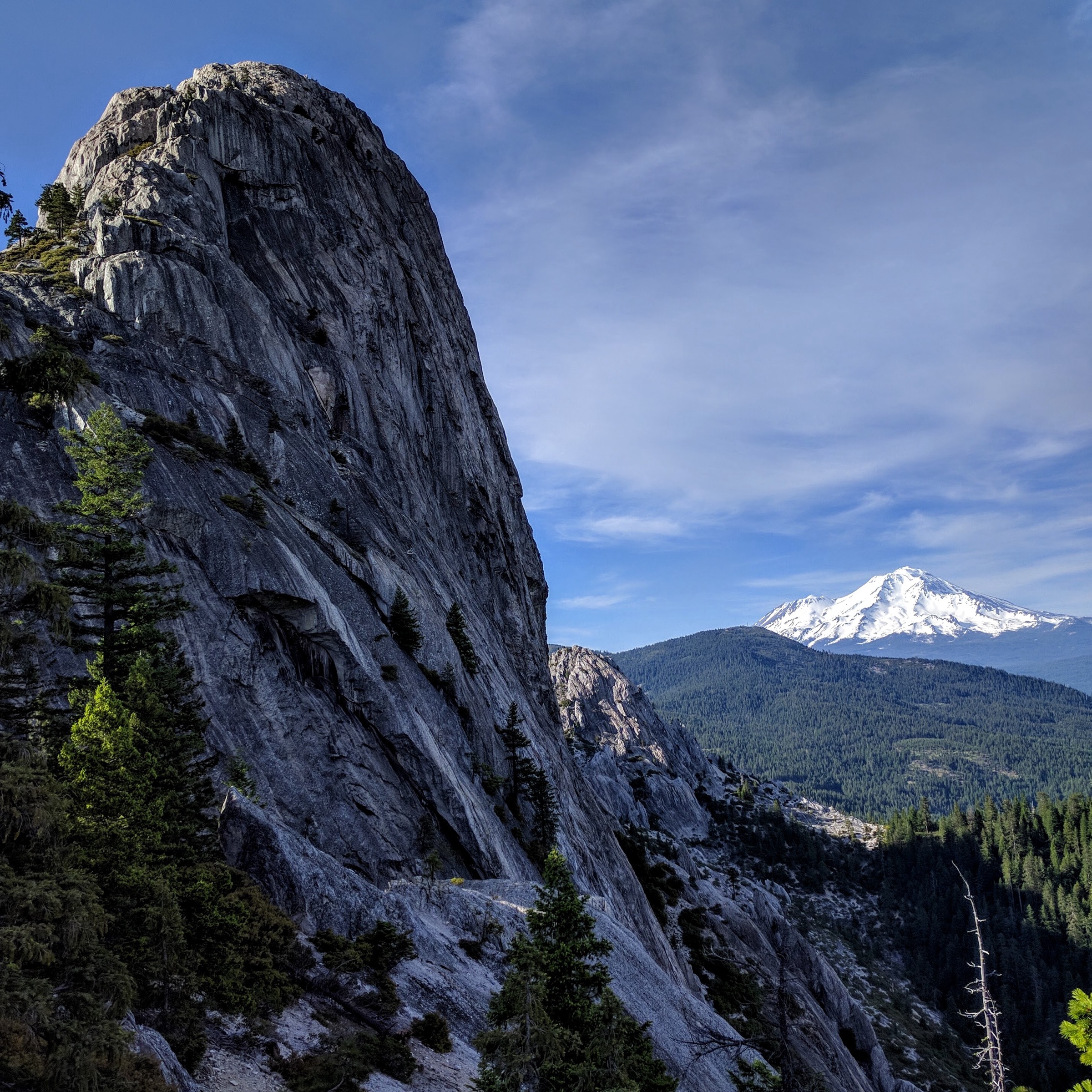 Castle Dome above Castle Crags with Mount Shasta in the distance
