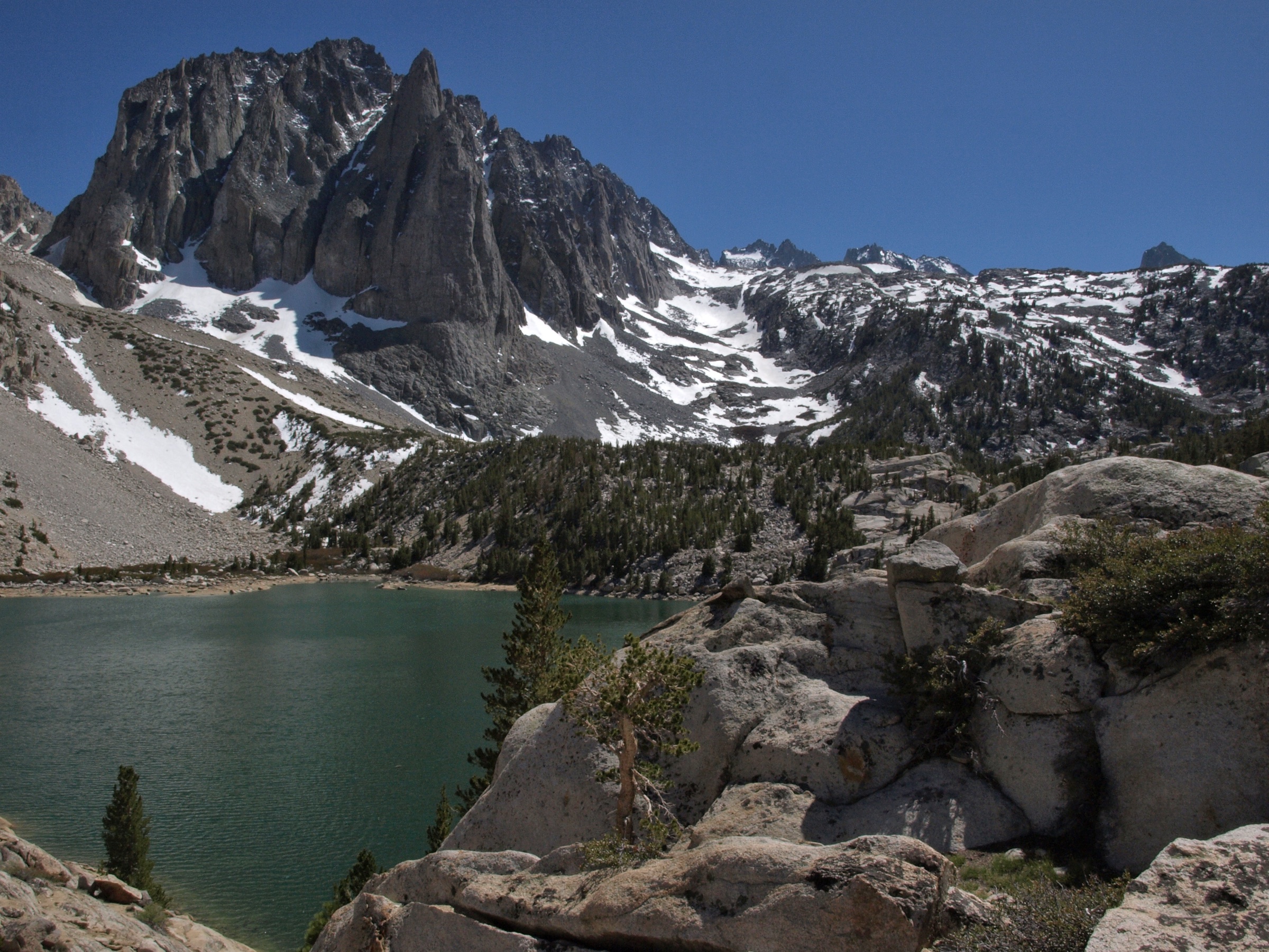 Second Lake on Big Pine Creek with Temple Crag rising above the turquoise water