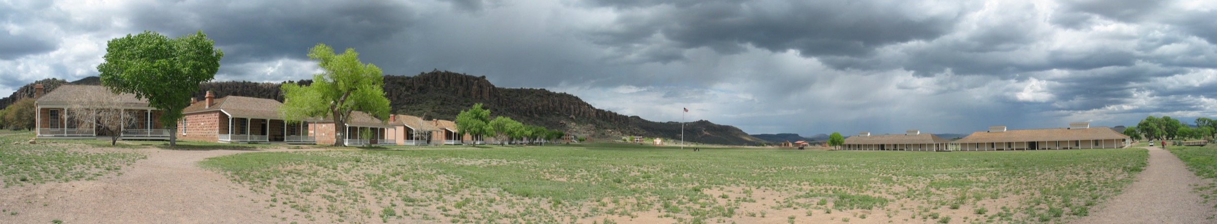 Panorama of Fort Davis National Historic Site with the Davis Mountains behind, Texas