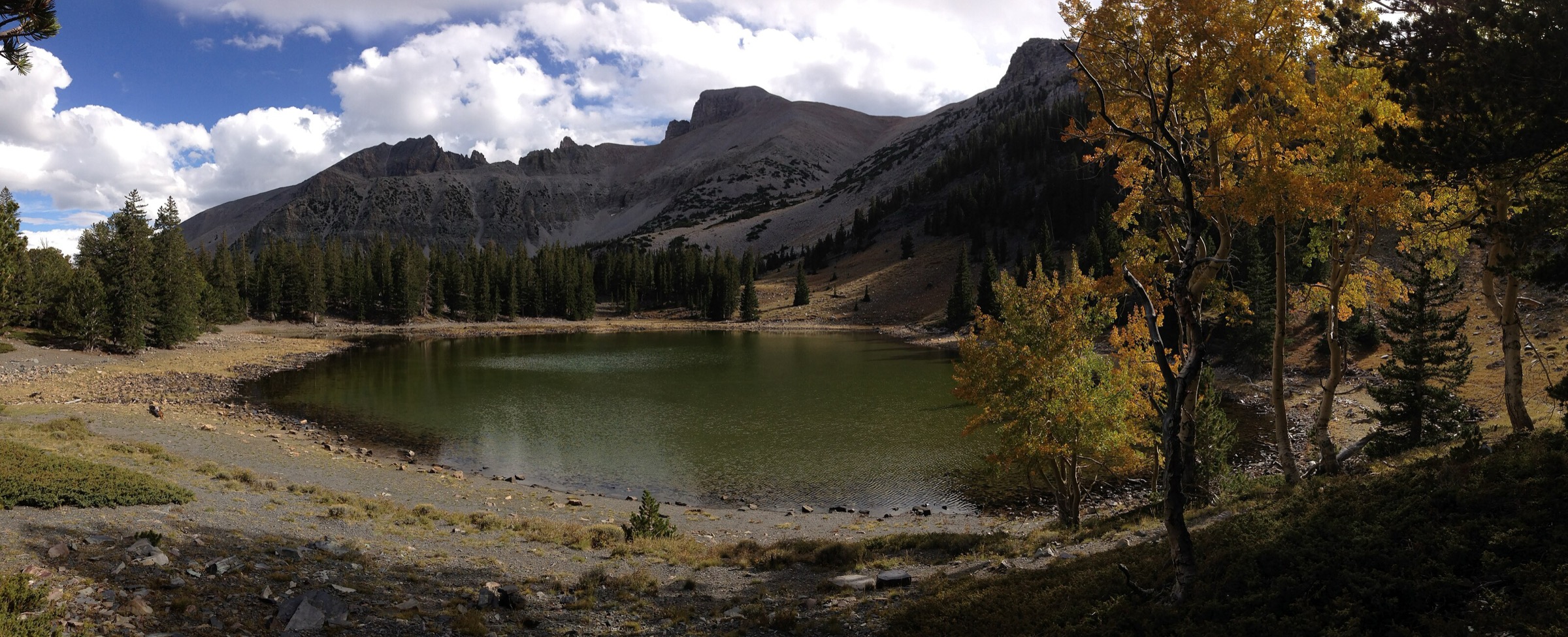 Panorama of Stella Lake and Wheeler Peak along the Alpine Lakes Trail in Great Basin National Park, Nevada
