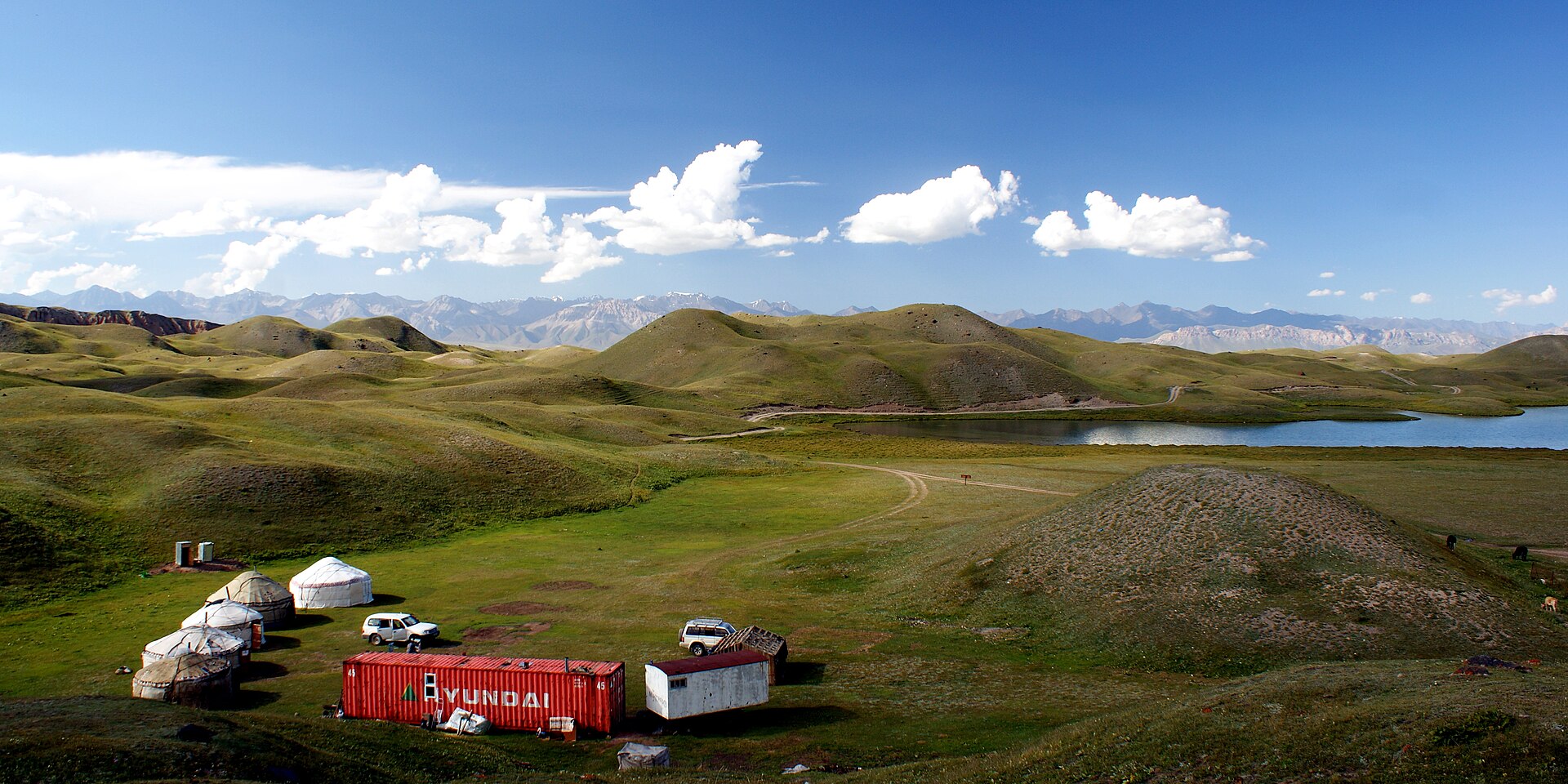 A yurt camp beside Tulpar-Kul with green hills and snowy peaks beyond