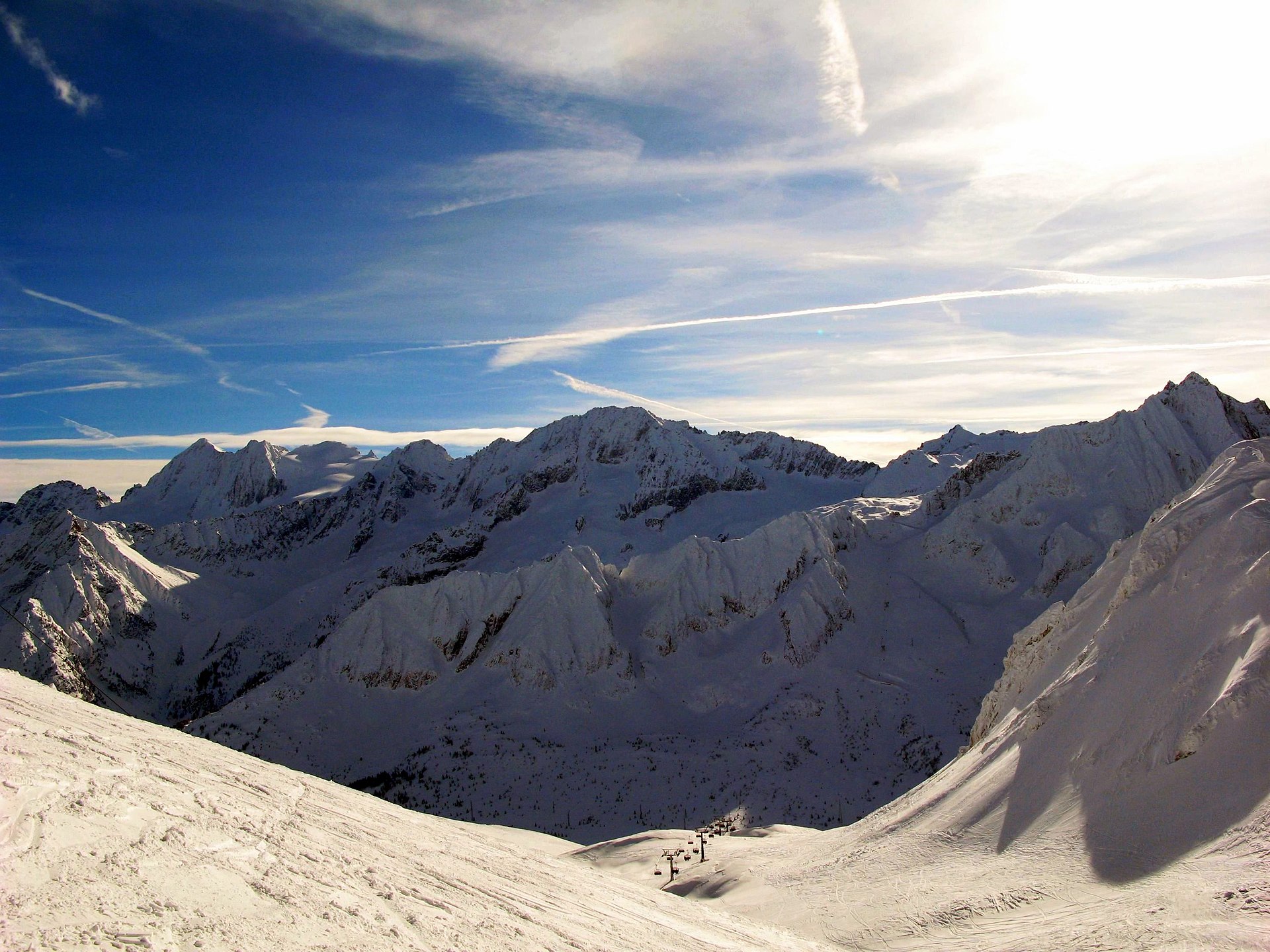 A broad snowy panorama across Passo Tonale toward Cima Presena and Cima Presanella