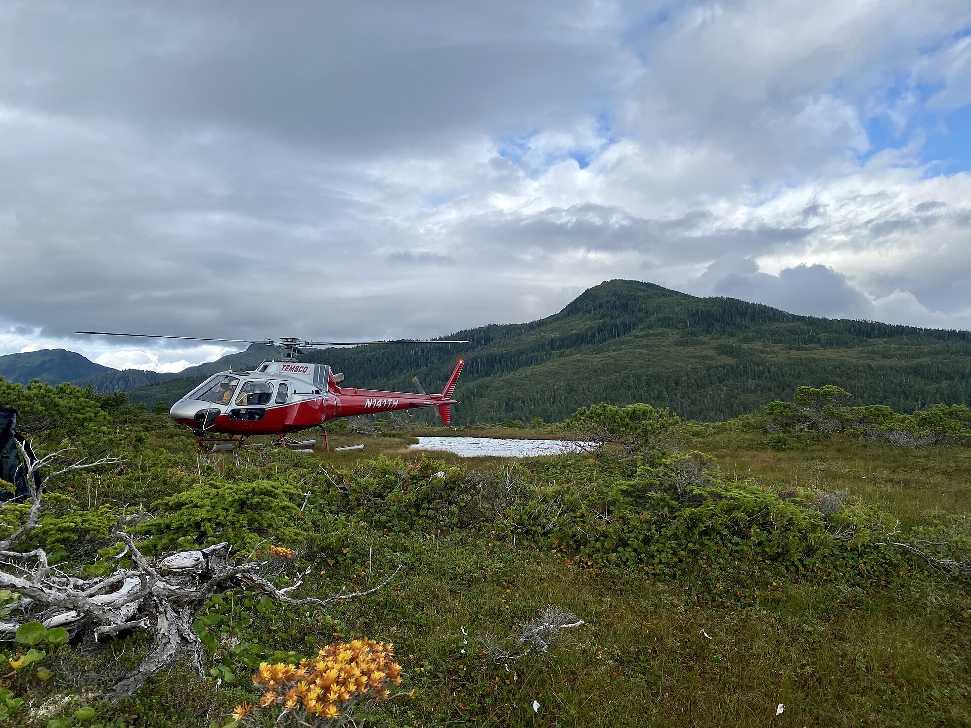 A red A-Star helicopter parked on alpine tundra in Alaska's Tongass National Forest