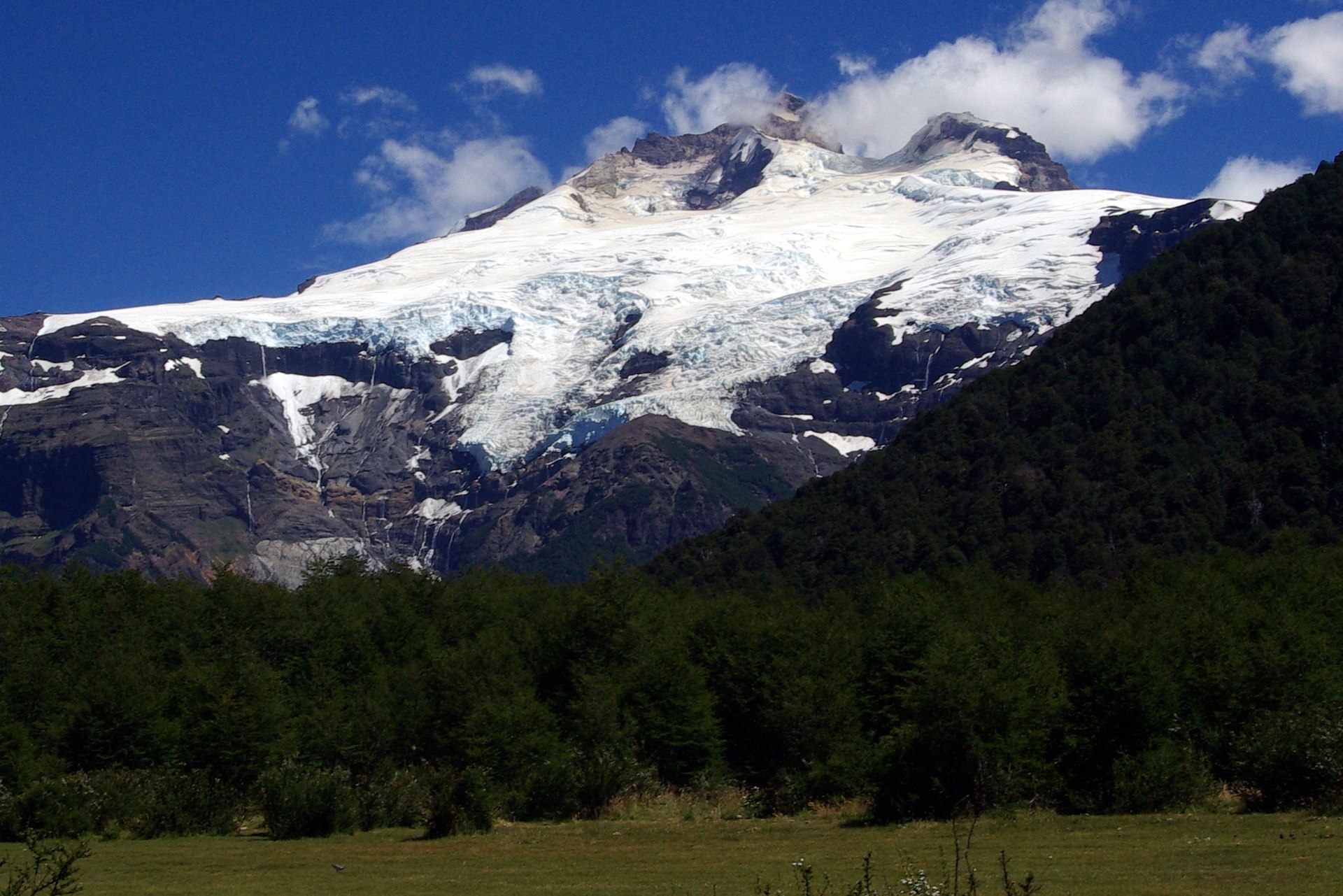 Les larges glaciers blancs du Cerro Tronador s'élevant au-dessus de la forêt à Pampa Linda