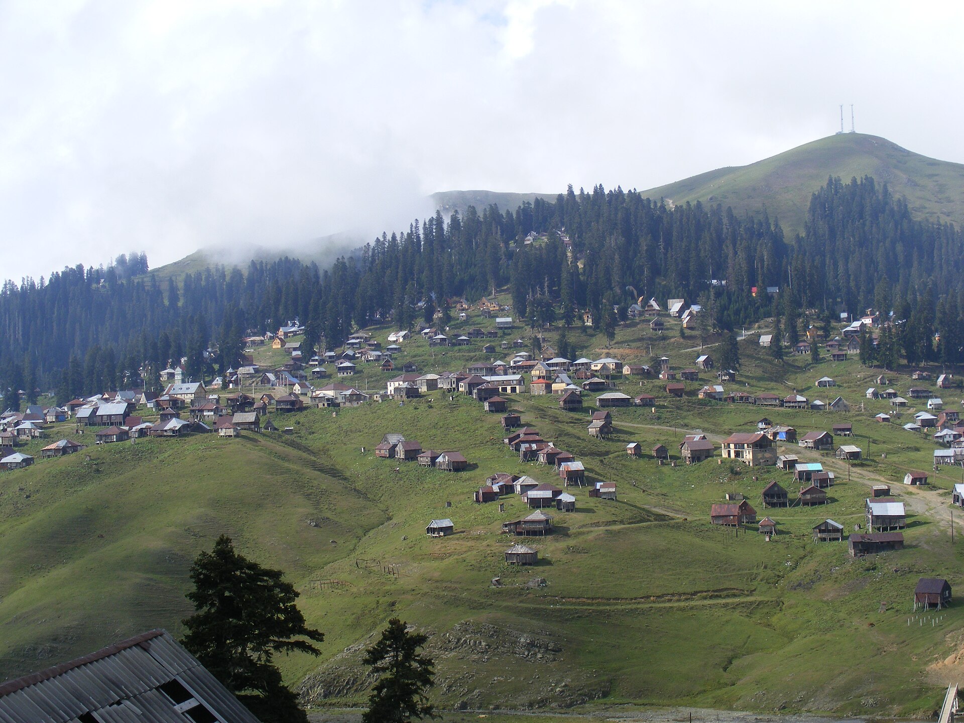 Wooden summer houses scattered across the bowl of Bakhmaro below dark conifer ridges
