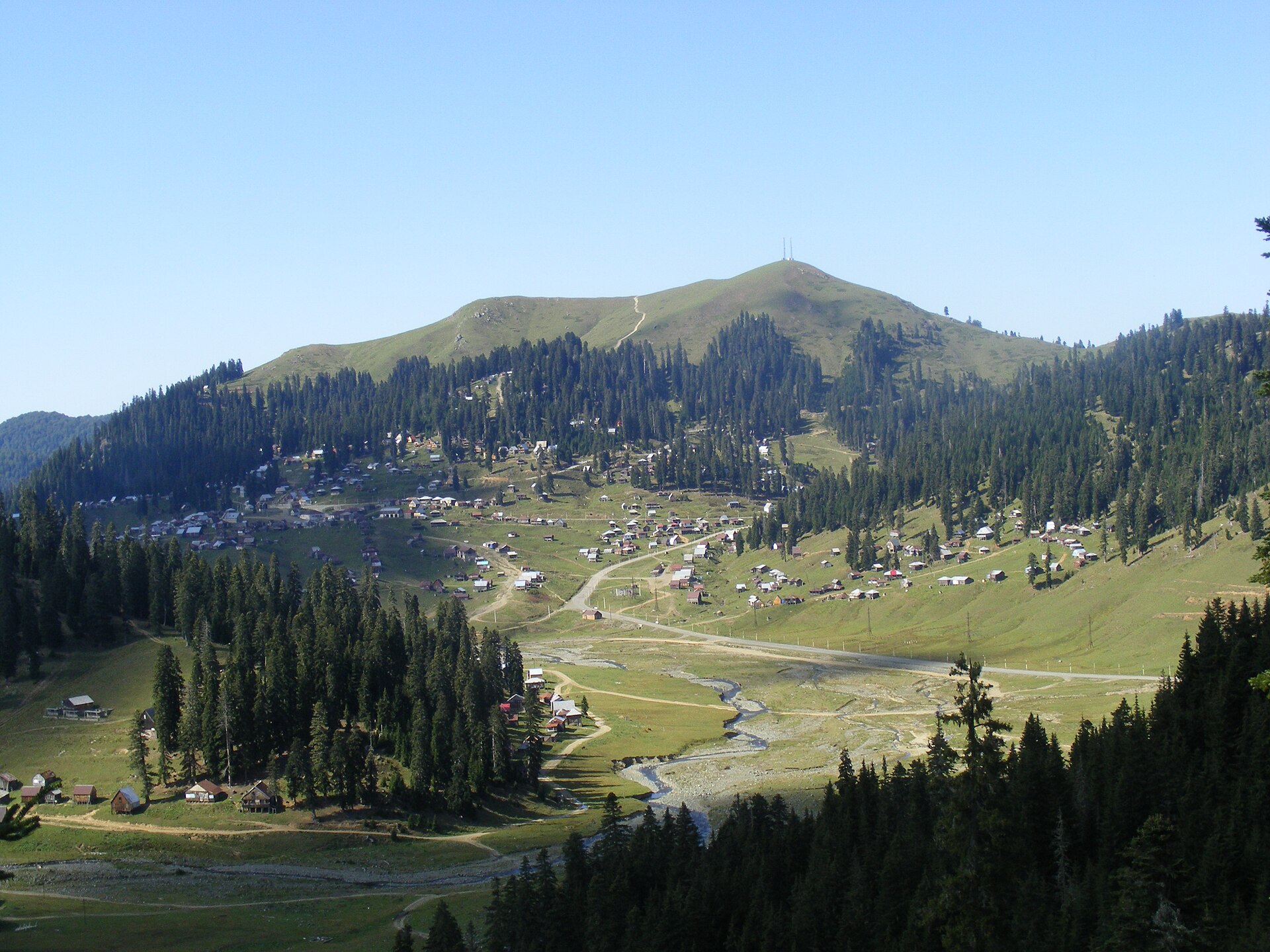 Wide view of Bakhmaro's cabins and conifer-covered mountain bowl