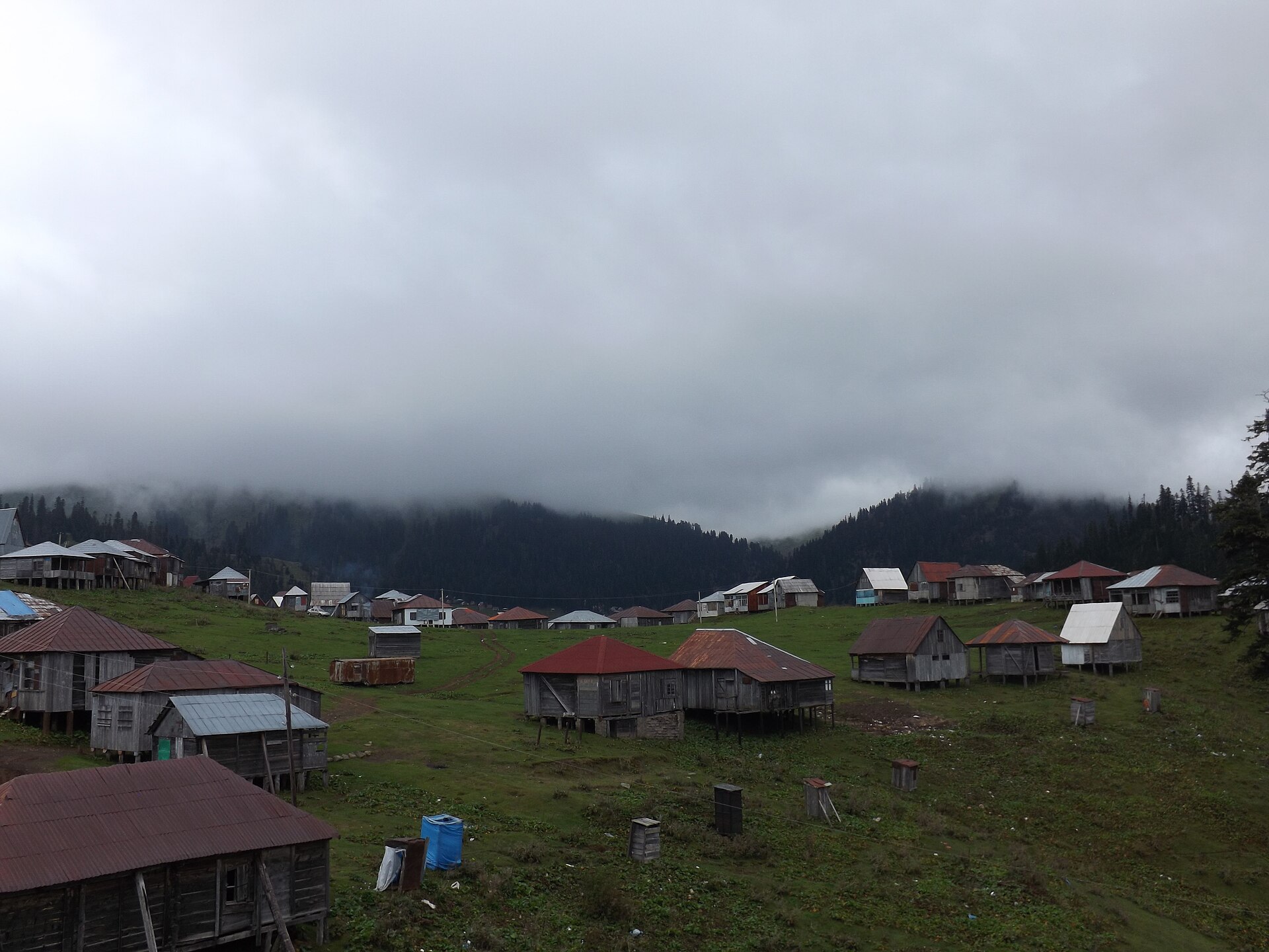 Traditional wooden houses beneath misty ridges along Davitiani Street in Bakhmaro